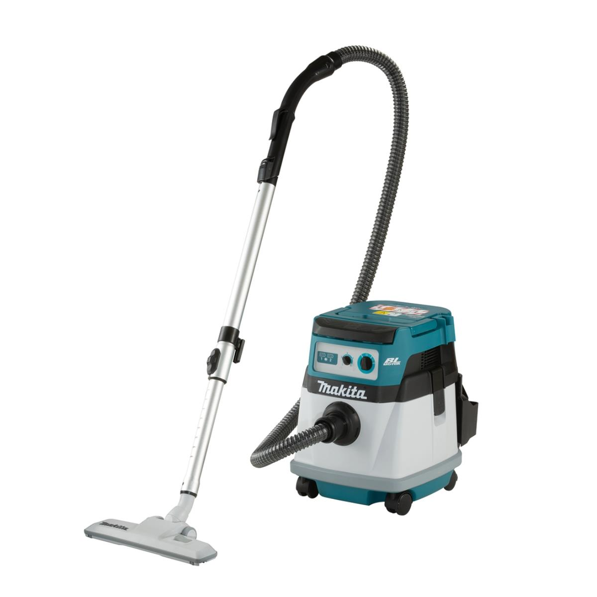 Aspirapolvere Makita nero e turchese con tubo e accessorio per la pulizia.