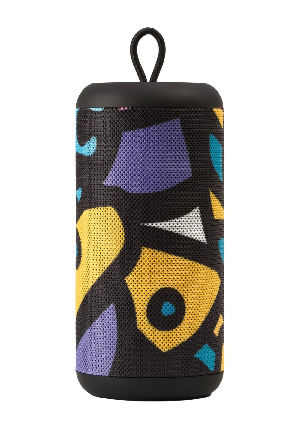 Czarny i wzorzysty głośnik z pętlą do przenoszenia. Projekt zawiera żółte i fioletowe kształty.