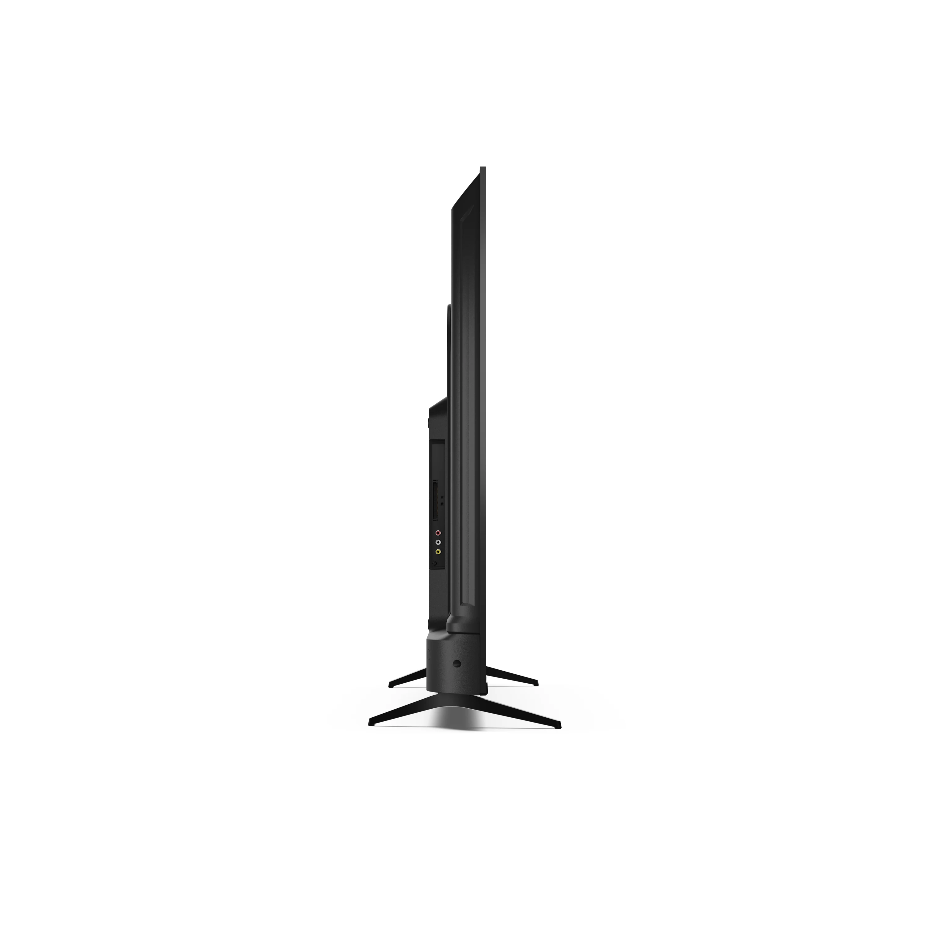 Seitenansicht eines Flachbildfernsehers. Der Fernseher ist schwarz und steht auf zwei kleinen schwarzen Füßen.