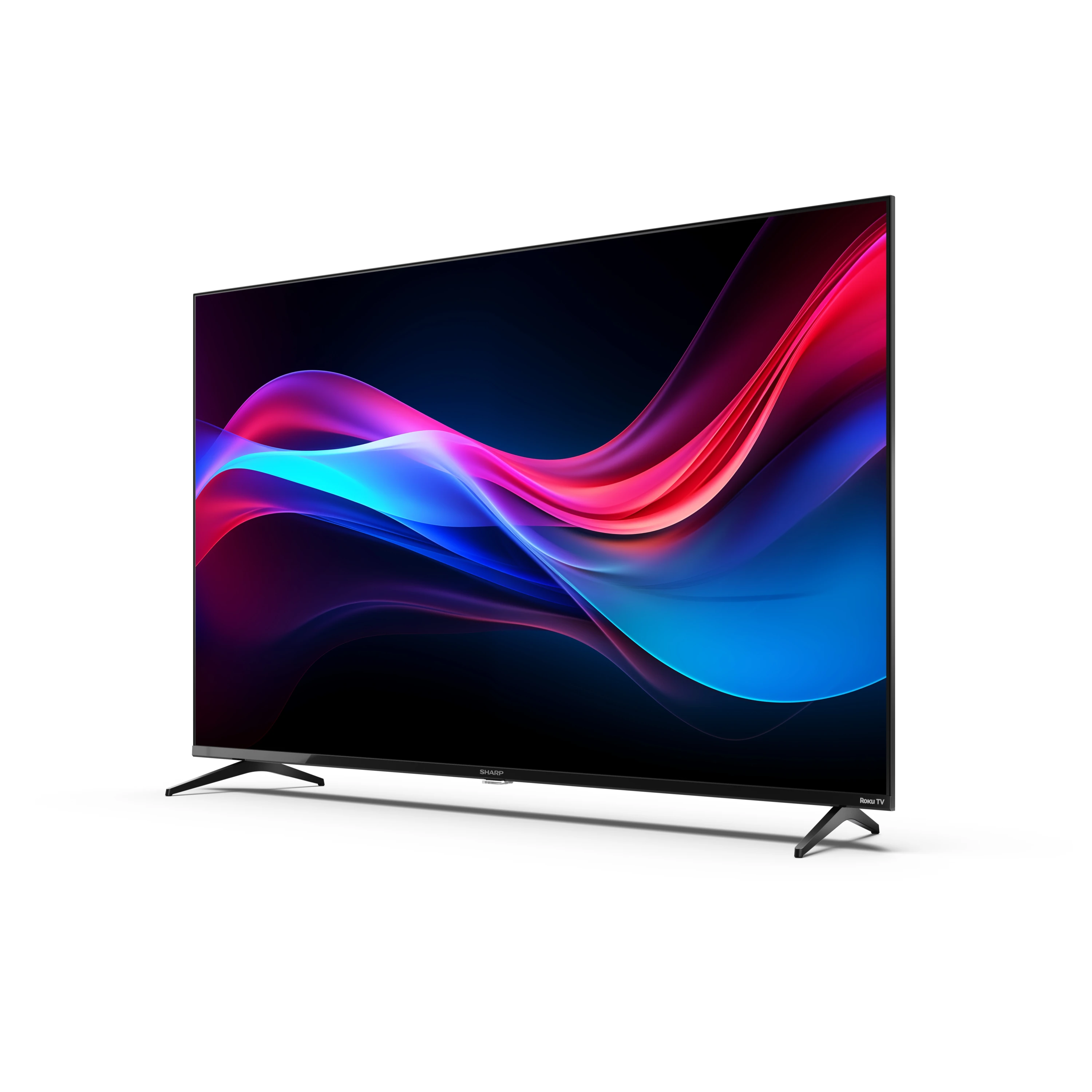 Ein großer schwarzer Fernseher mit geschwungenem Bildschirm, der bunte abstrakte Formen zeigt.