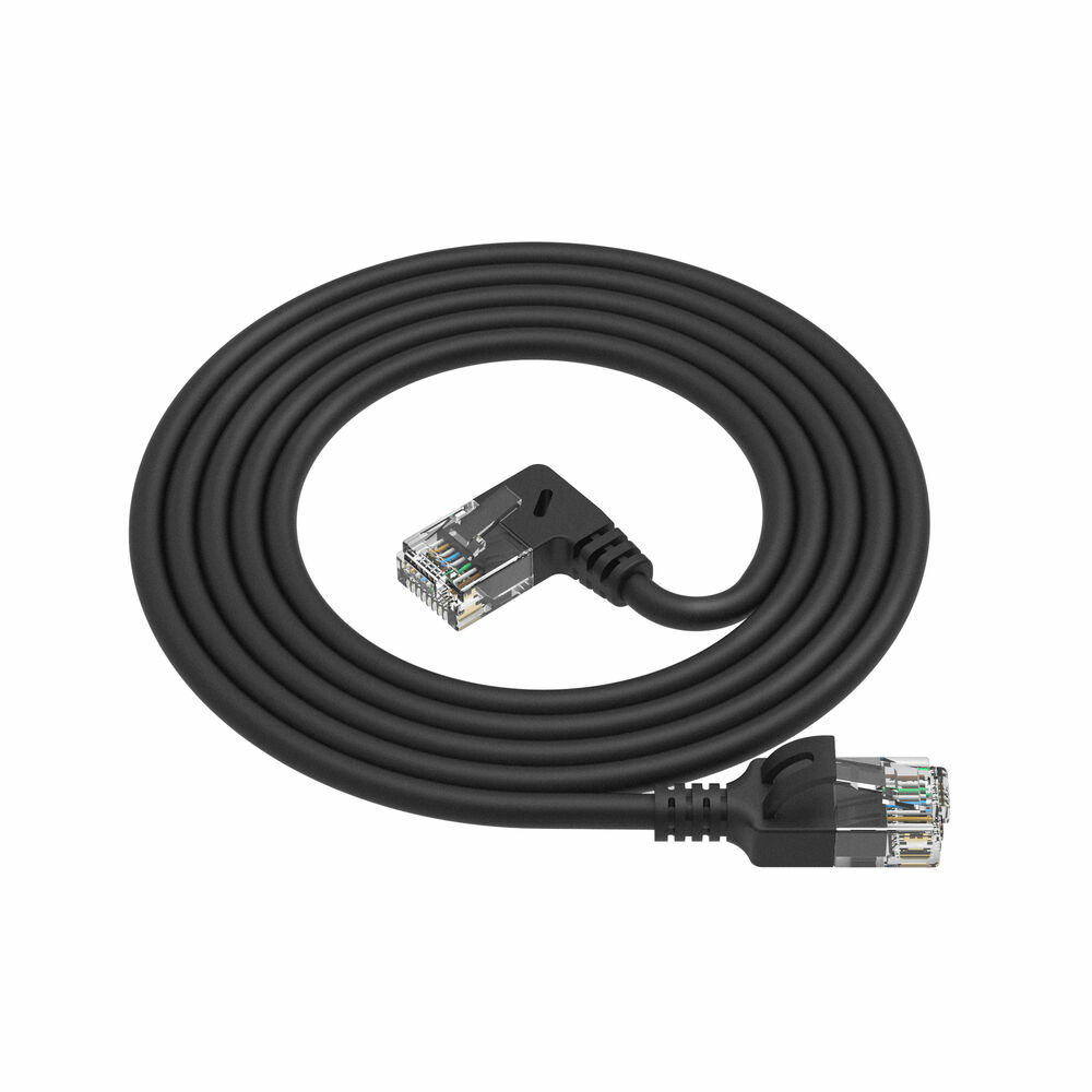 Cavo Ethernet nero arrotolato con connettore angolato e estremità trasparenti.