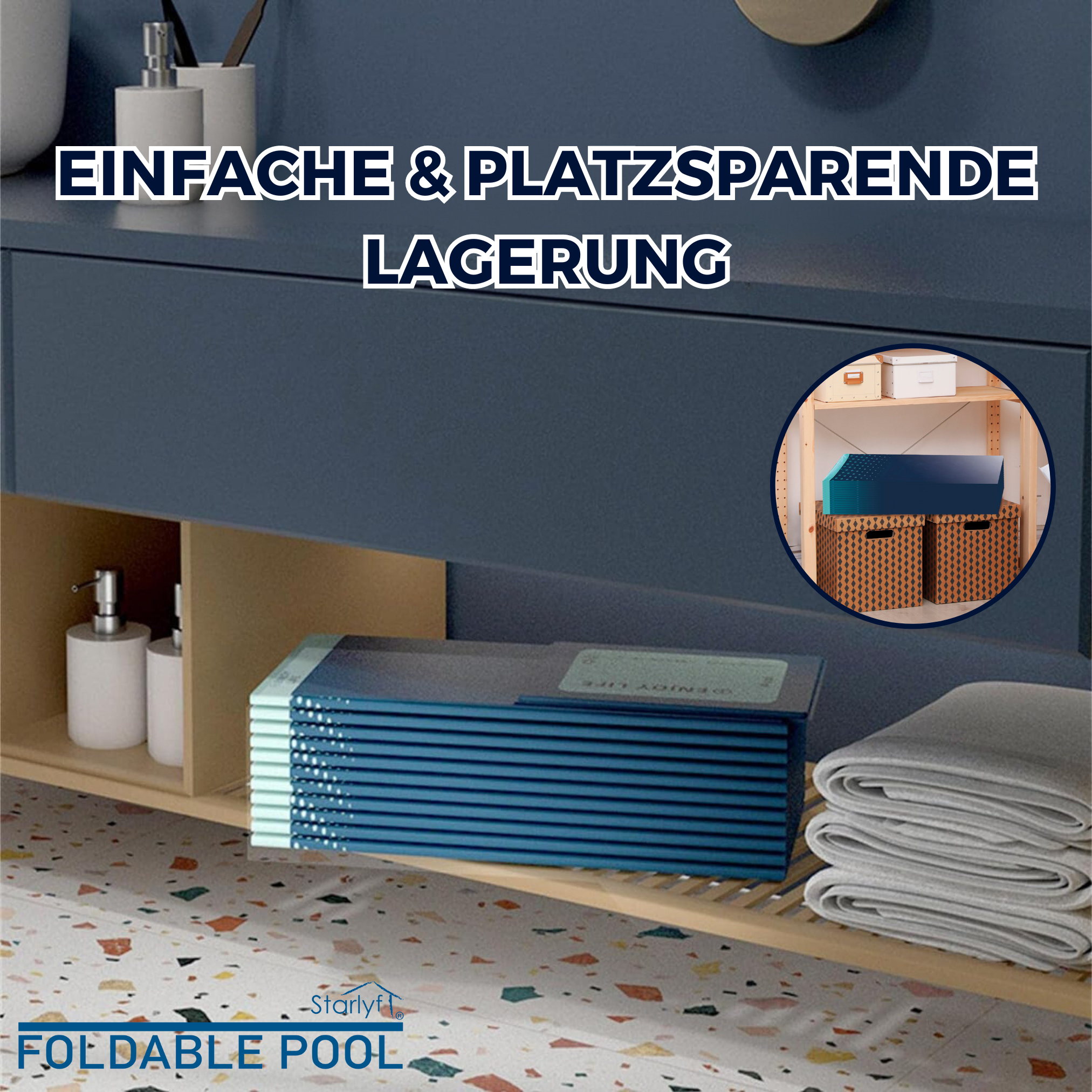Blauer Schrank mit Stauraum. Faltbares Poolprodukt innen gezeigt. Zusätzliches Ablagefach mit Boxen sichtbar.