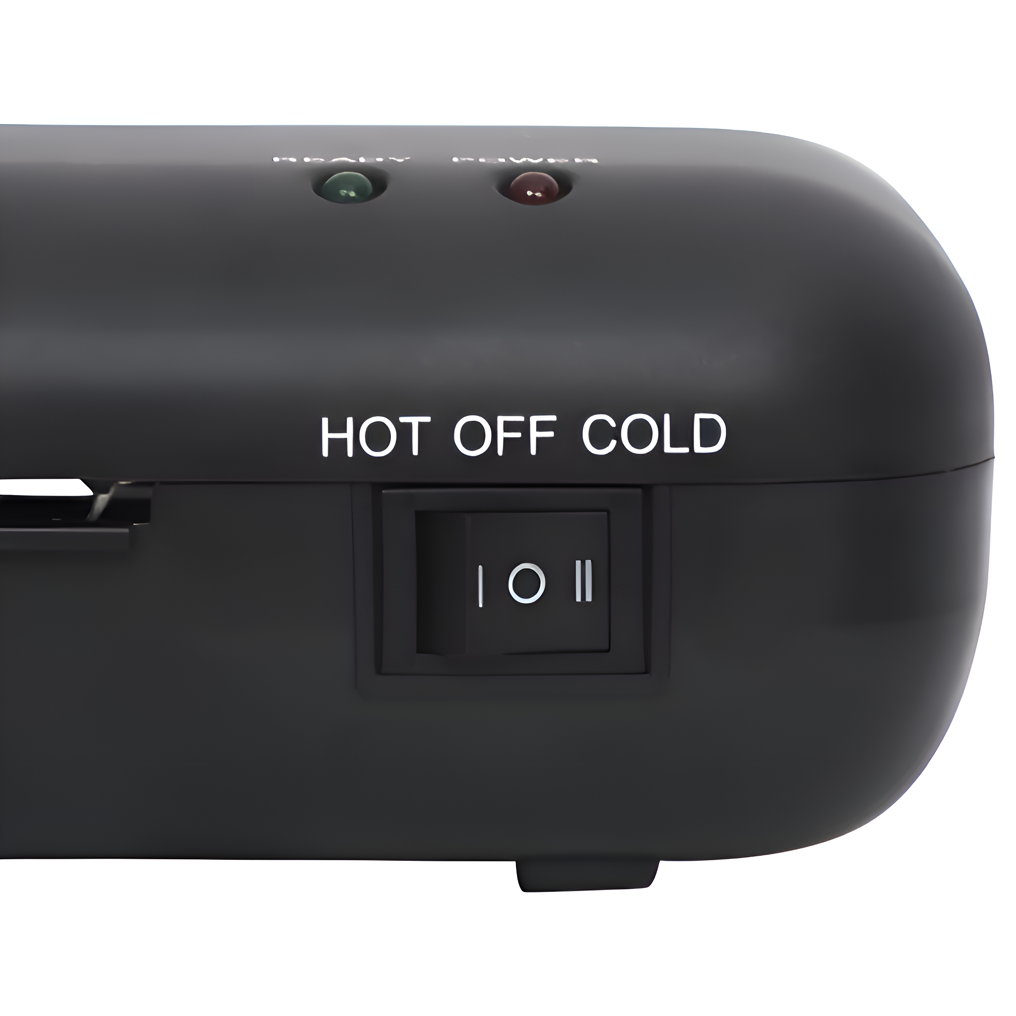 Schwarzes Laminiergerät mit Strom- und Bereitschaftsanzeigen und einem Schalter "HOT OFF COLD".