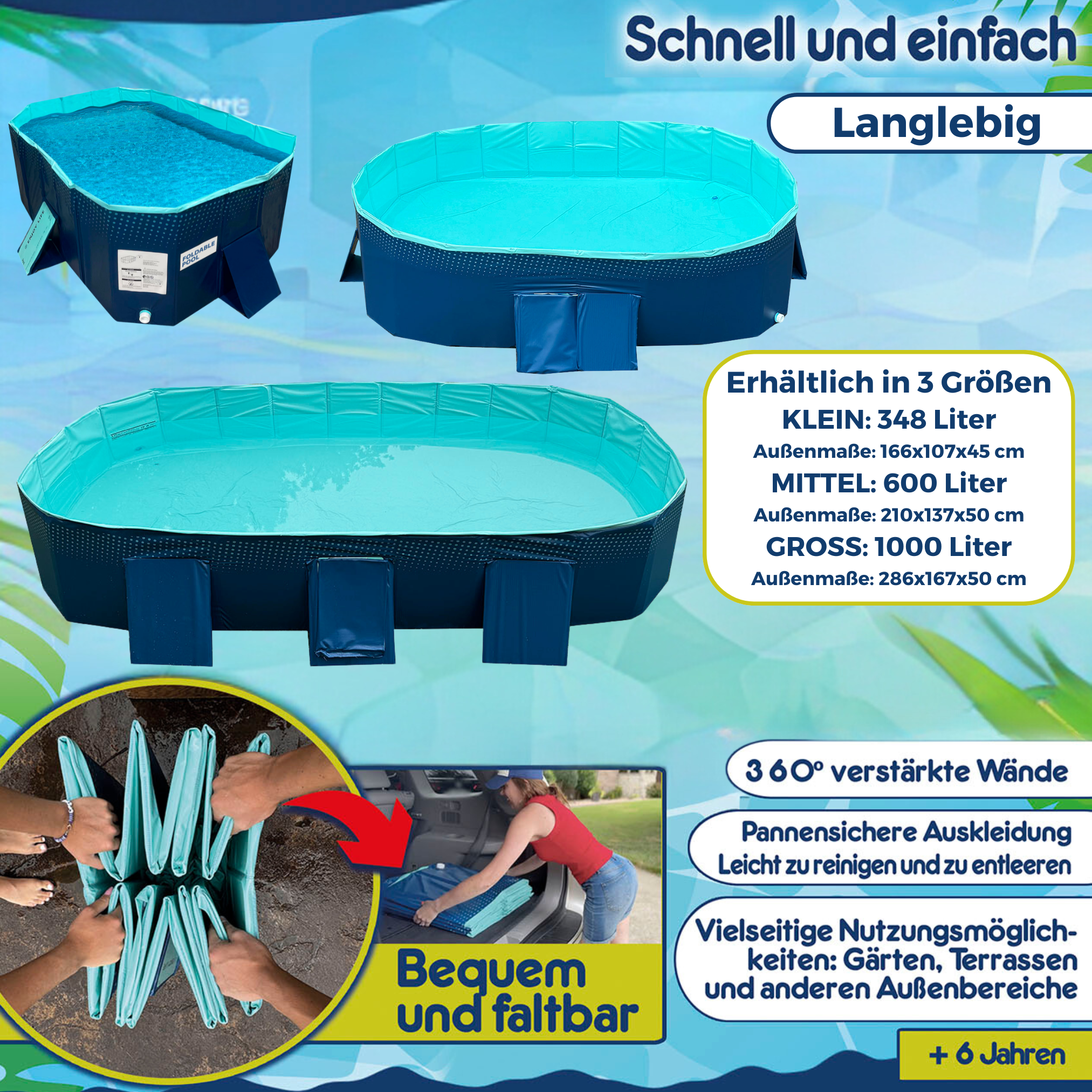 Faltbarer Pool in drei Größen, mit Text und Bildern zum Falten und Gebrauch.