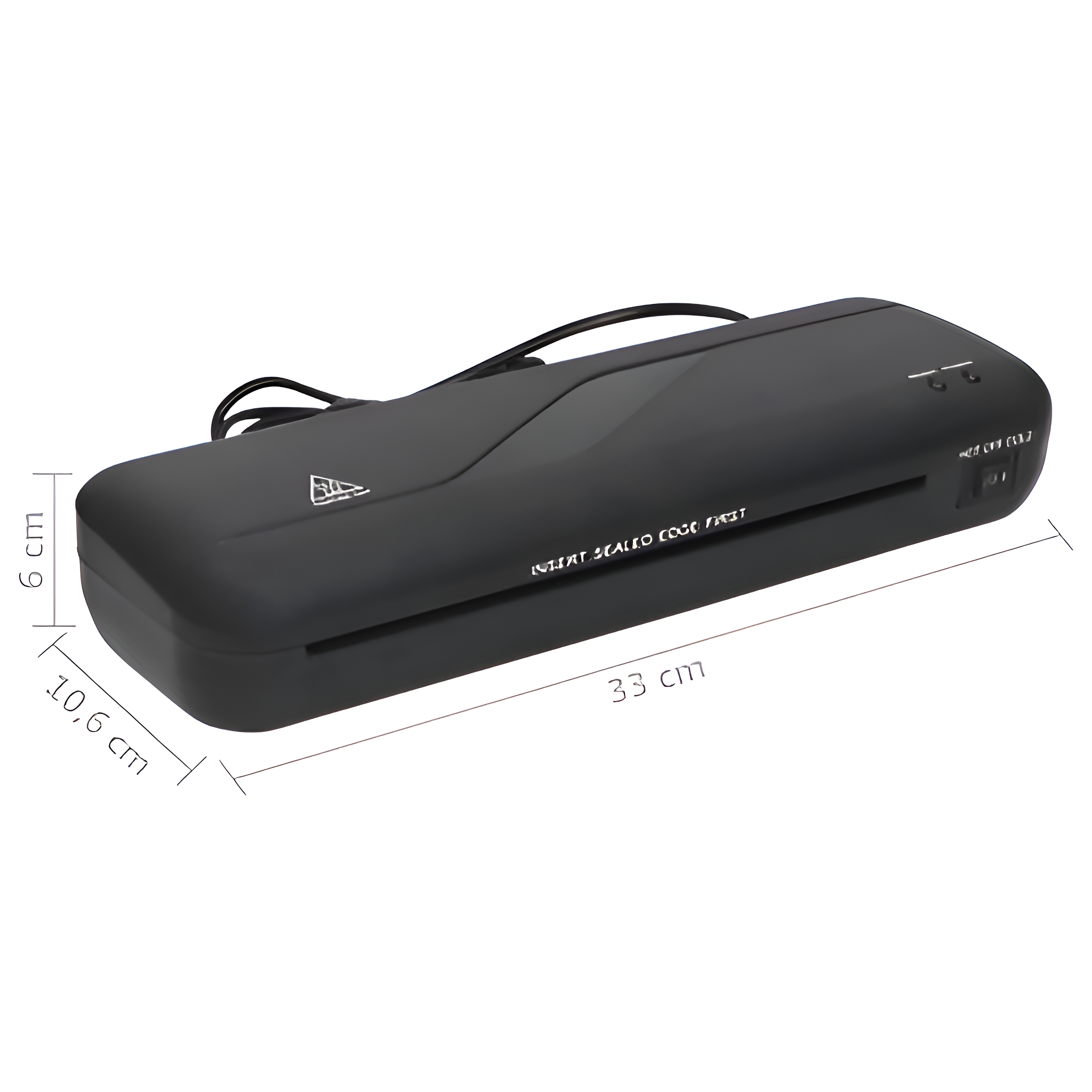 Schwarzer Laminator mit beschrifteten Abmessungen. Er hat einen Griff und ein Netzkabel.