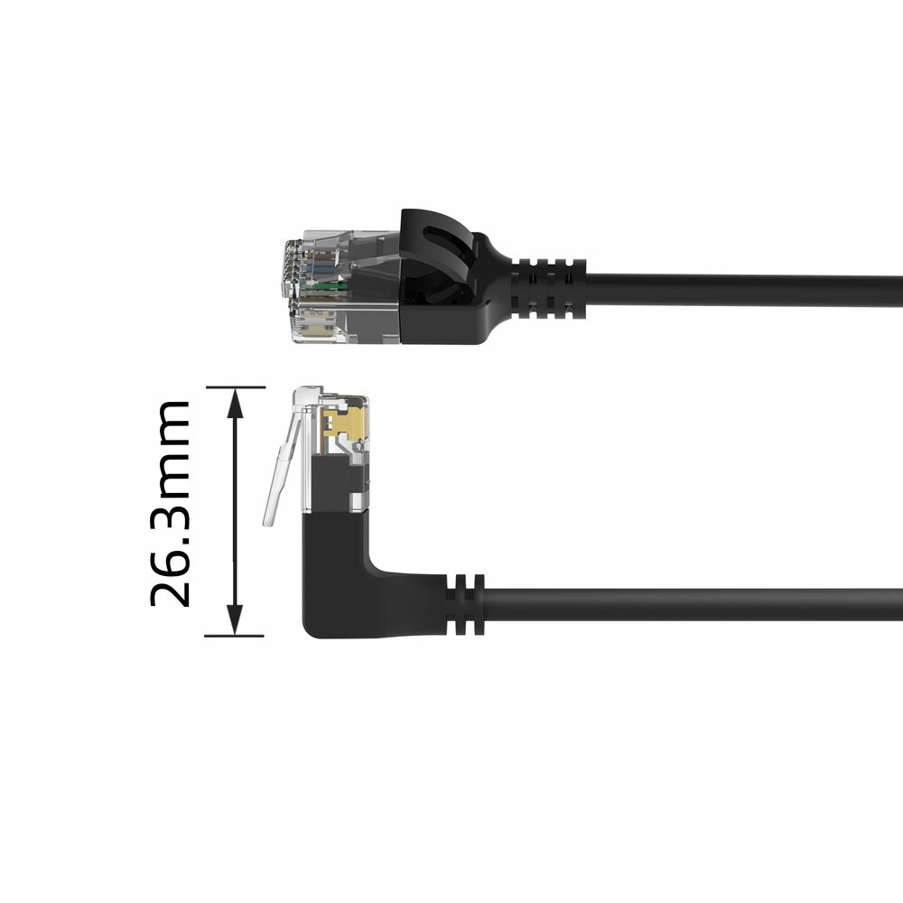 Czarny kabel Ethernet z wtykami, jeden prosty, drugi kątowy. Pomiar 26,3 mm.
