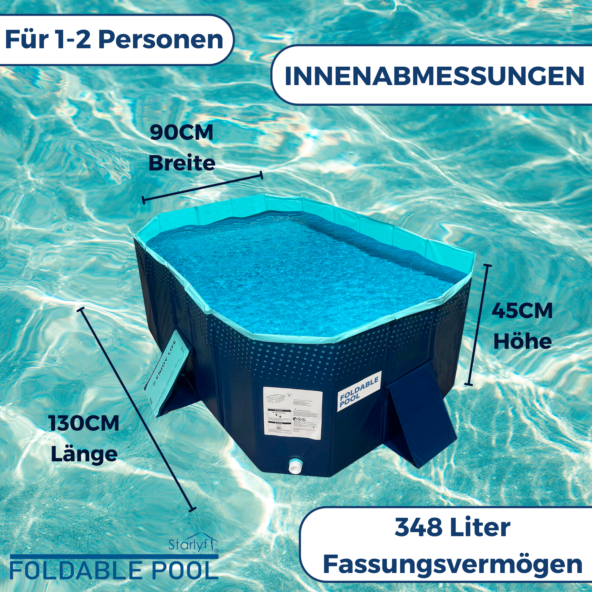 Faltbarer Pool, blaues Innere, marineblaues Äußere, Abmessungen und Kapazitätsbeschriftungen.