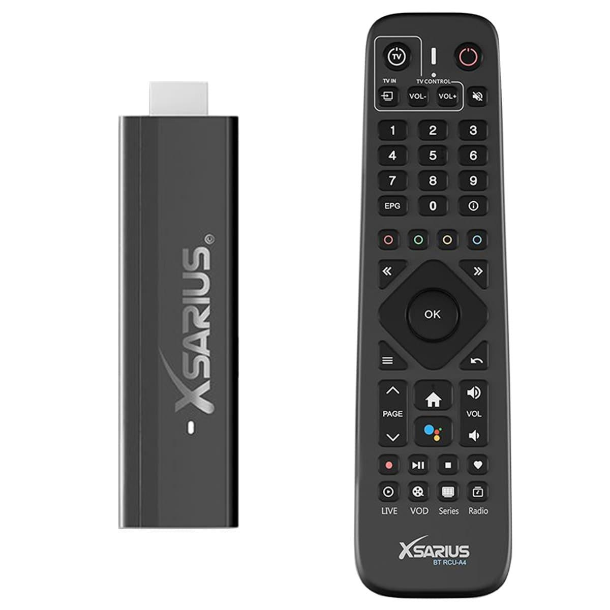 Schwarzer Streaming-Stick und Fernbedienung mit Tasten.