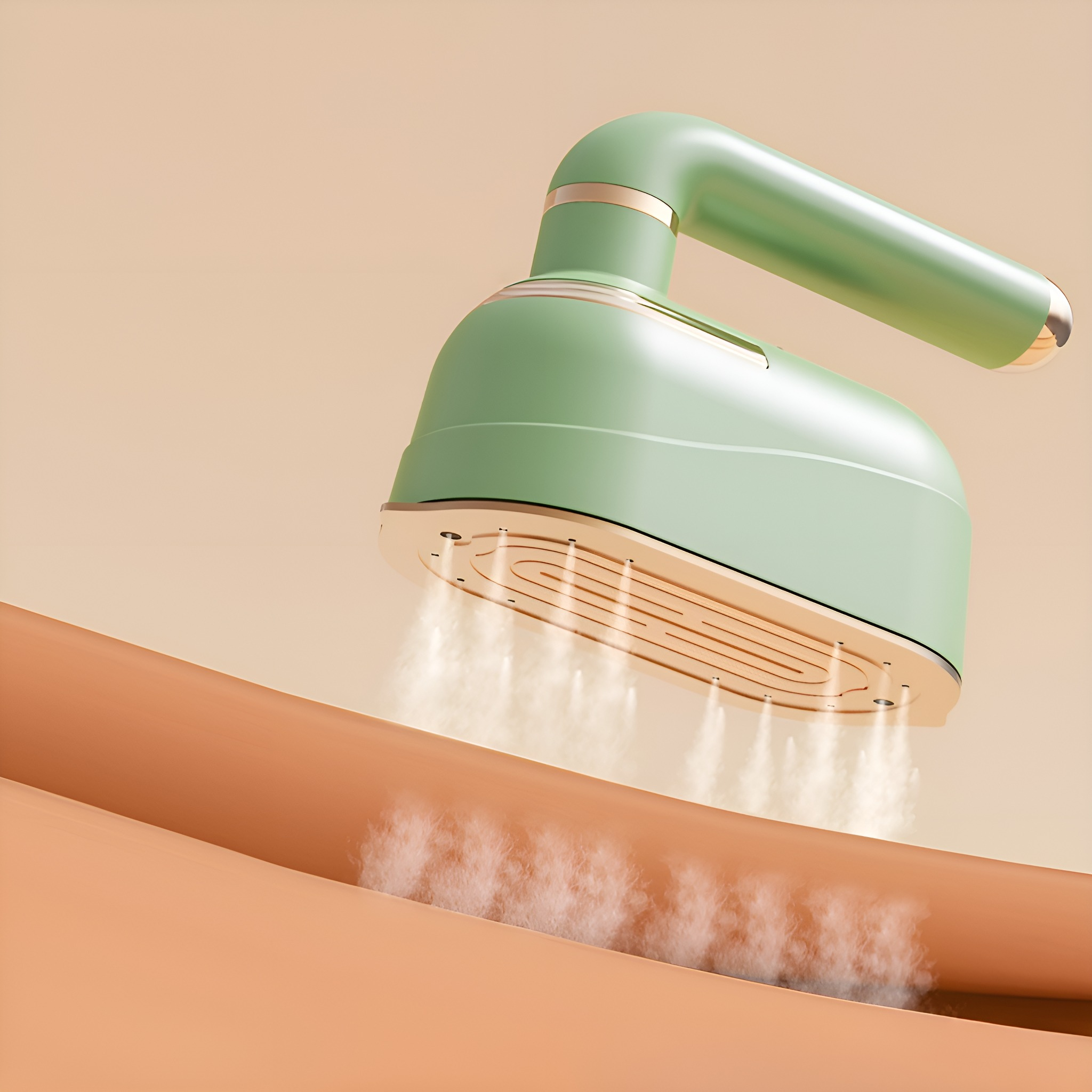 Ein grüner Handdampfer, der Stoff bedampft. Beigefarbener Hintergrund.