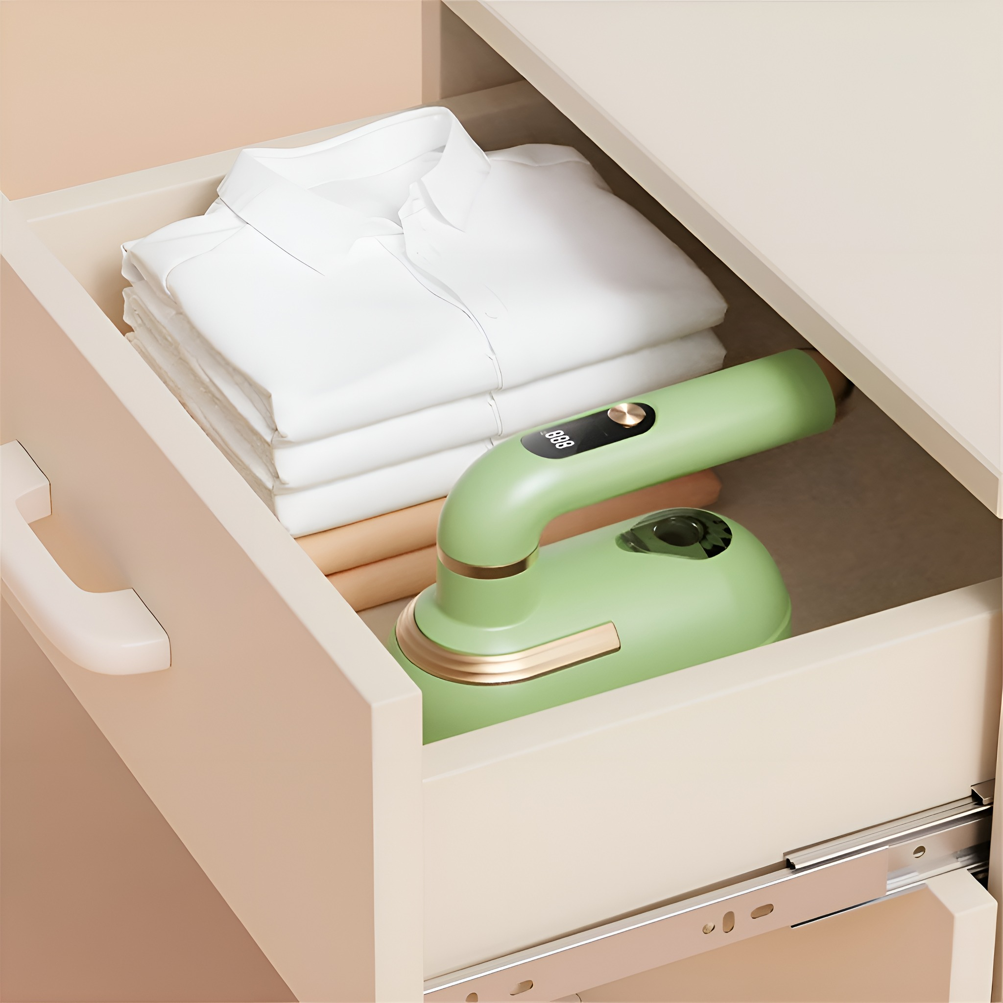 Ein grünes Bügeleisen und gefaltete weiße Hemden liegen in einer geöffneten Schublade. Die Schublade ist beige.
