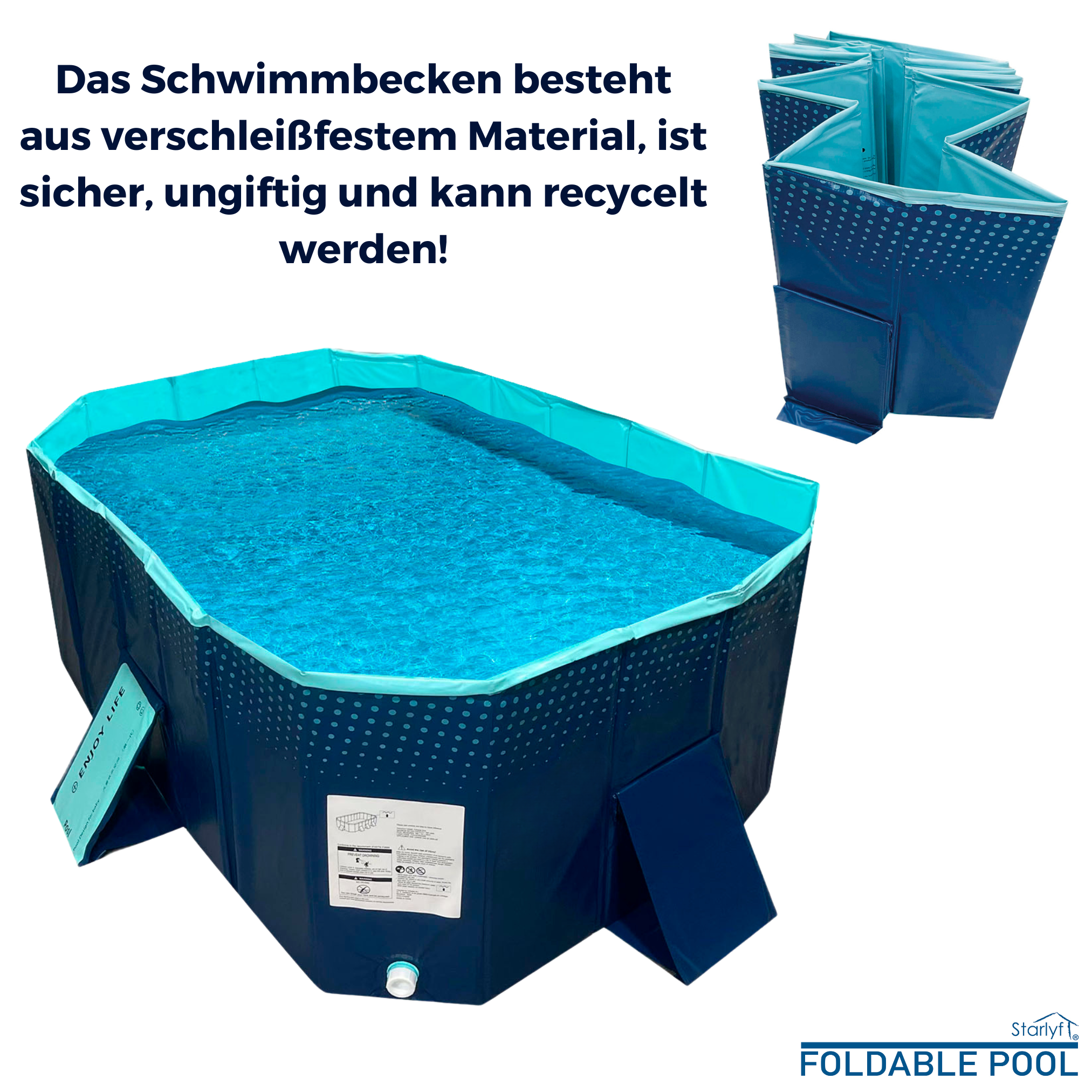 Faltbarer Pool mit blauem Wasser. Text in Deutsch beschreibt seine Eigenschaften.