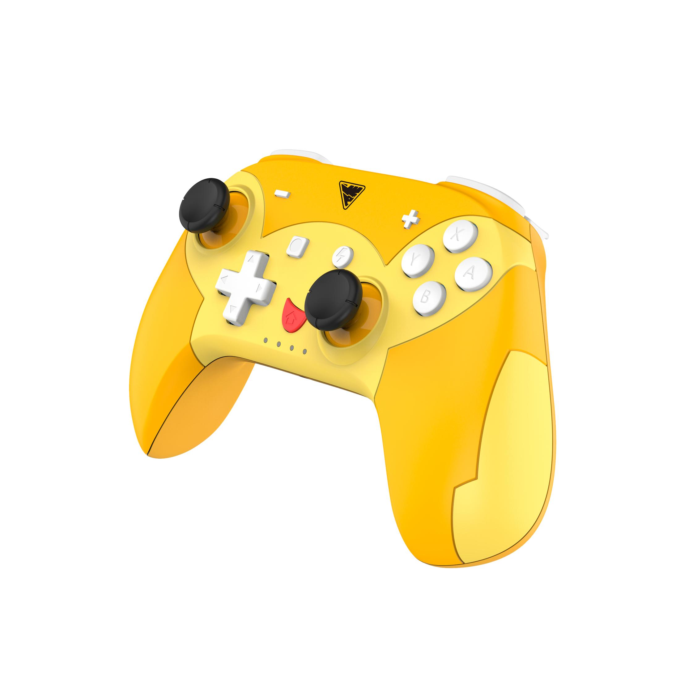 Gelber Gamecontroller mit schwarzen Knöpfen und verspieltem Design. Weißer Hintergrund.