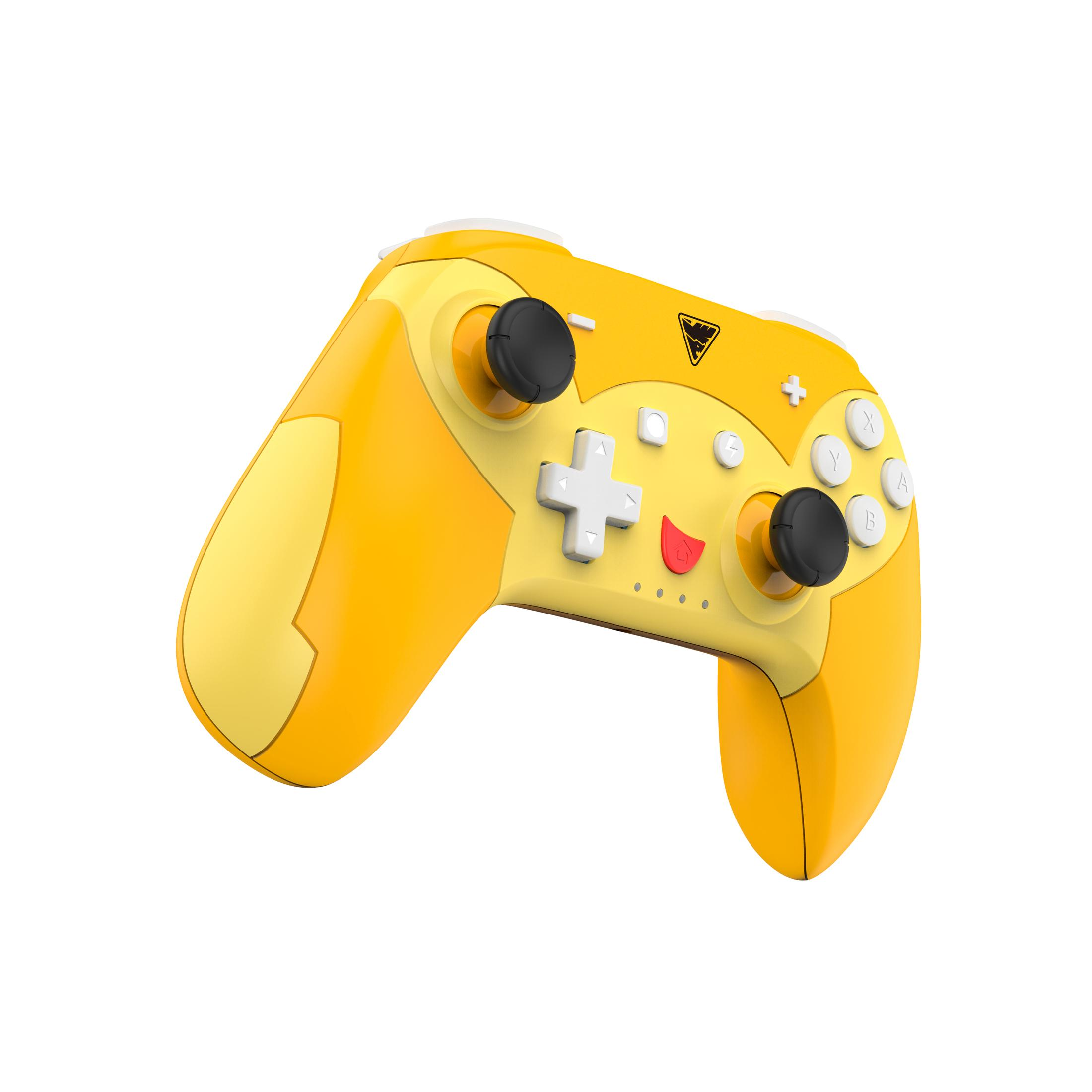 Gelbes und weißes Gamepad. Es hat Knöpfe und zwei schwarze Joysticks.