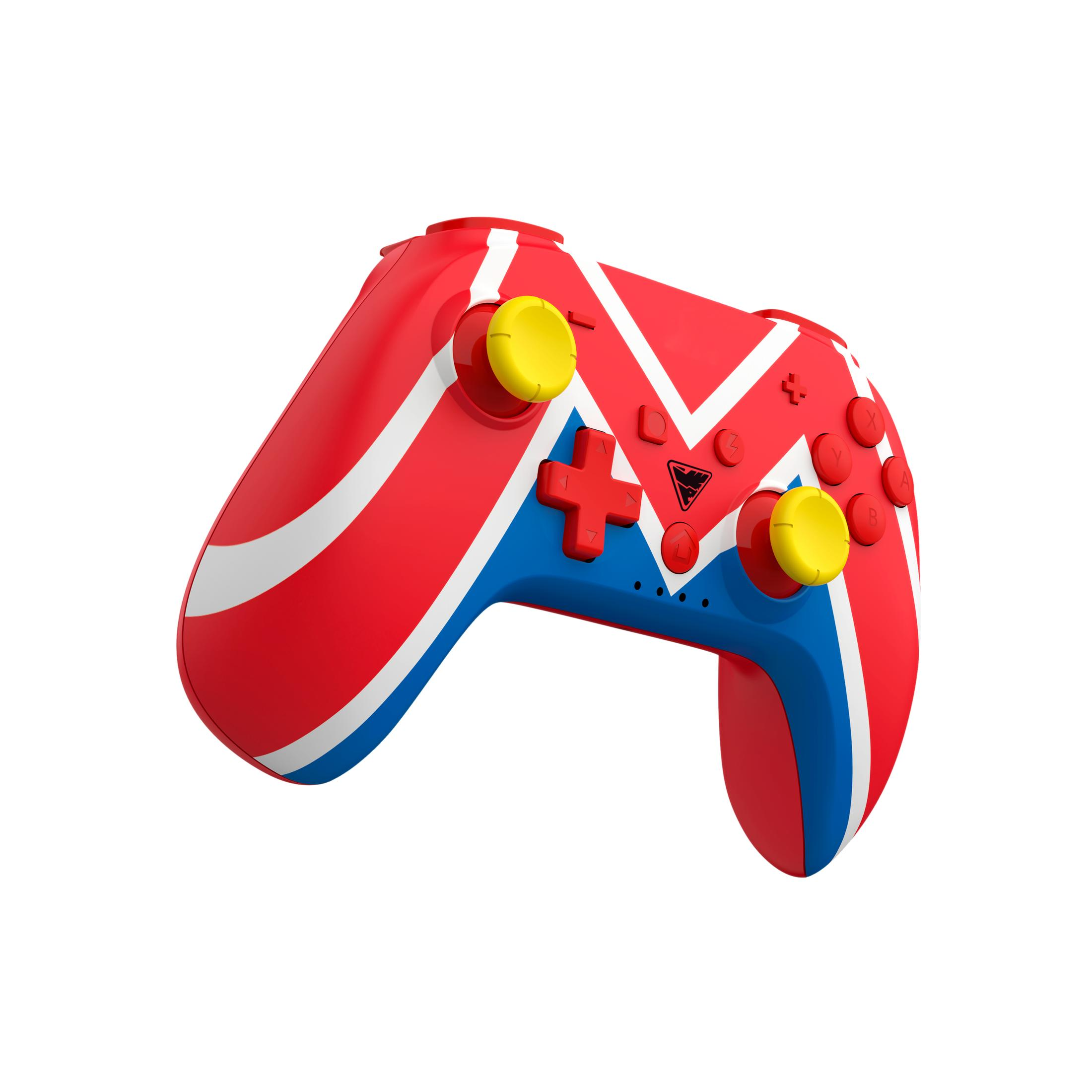 Ein rot-weiß-blauer Controller mit gelben Daumensticks. Es hat ein flaggenartiges Design.