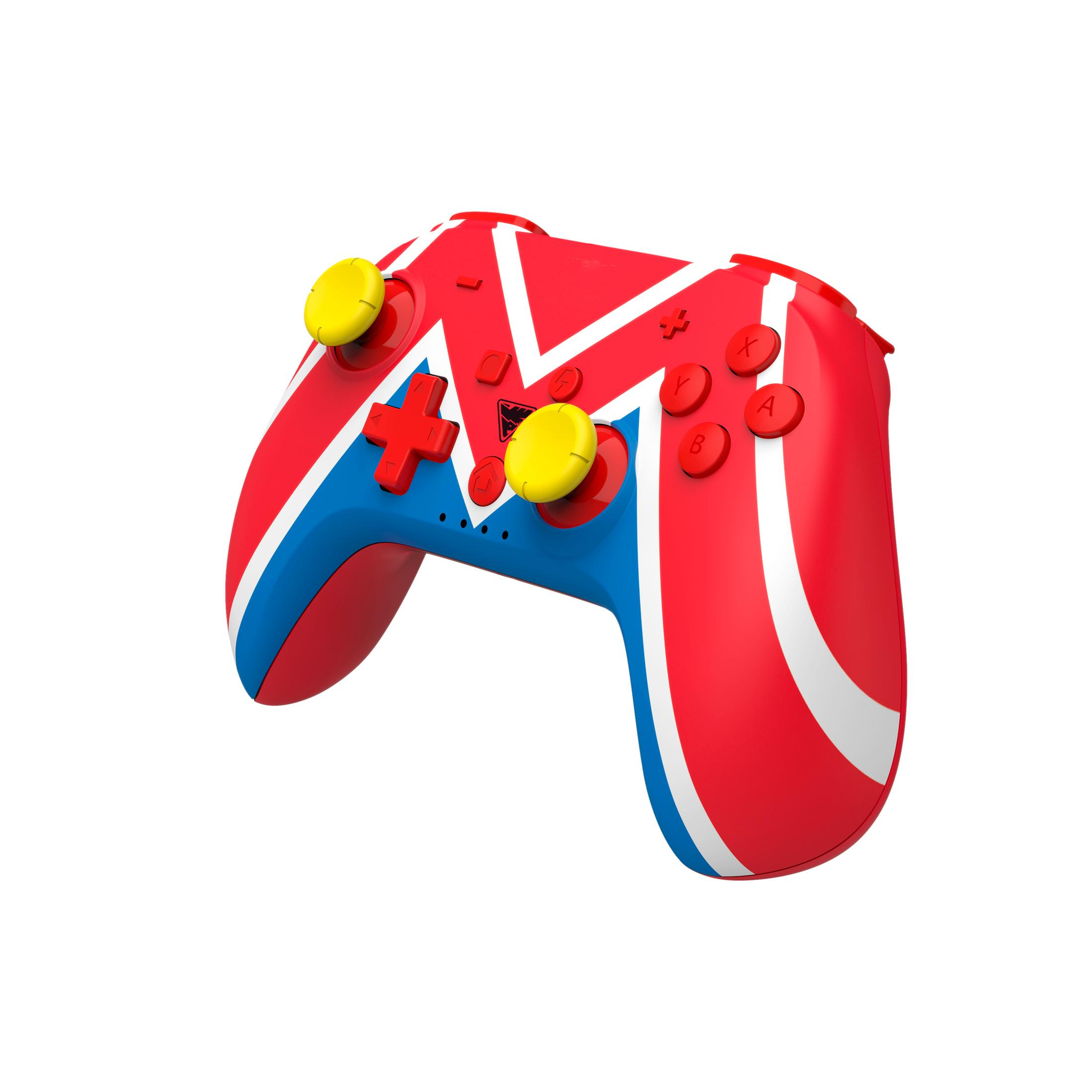 Roter, weißer und blauer Gamepad-Controller. Weißer Hintergrund.