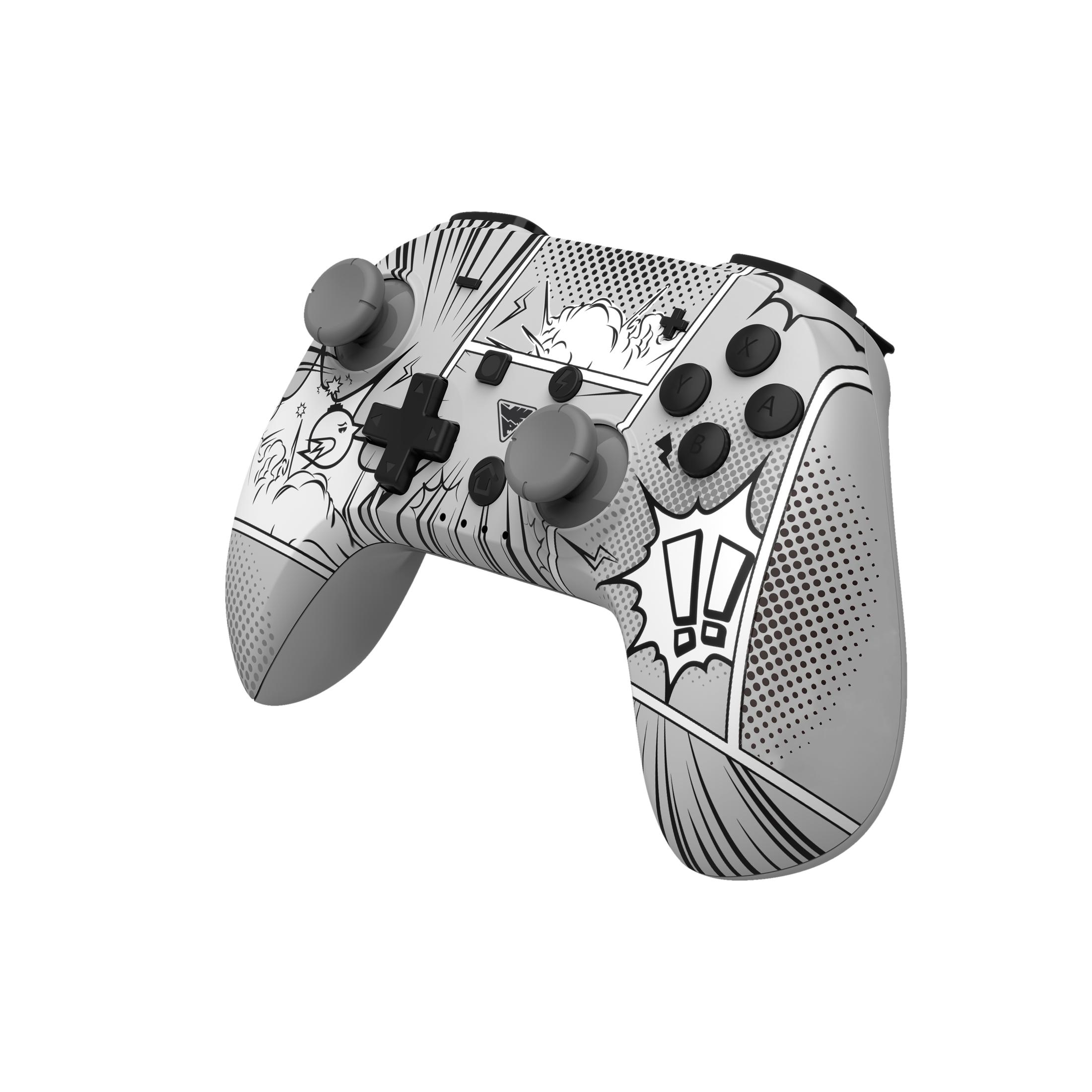 Videospiel-Controller im Comic-Stil, weiß mit grauen Akzenten.