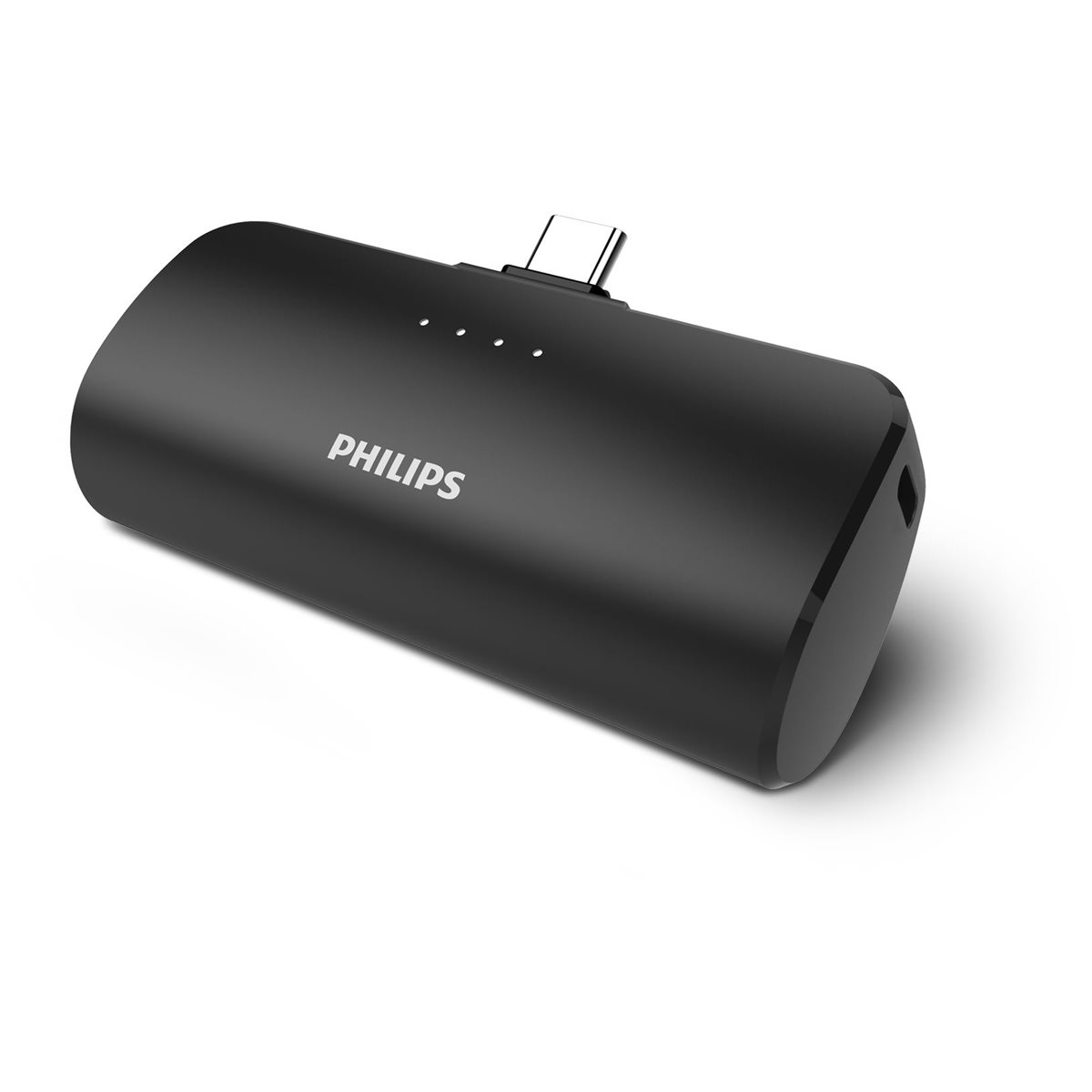 Batterie externe noire, rectangulaire et arrondie avec port USB-C. La marque 'PHILIPS' est visible.