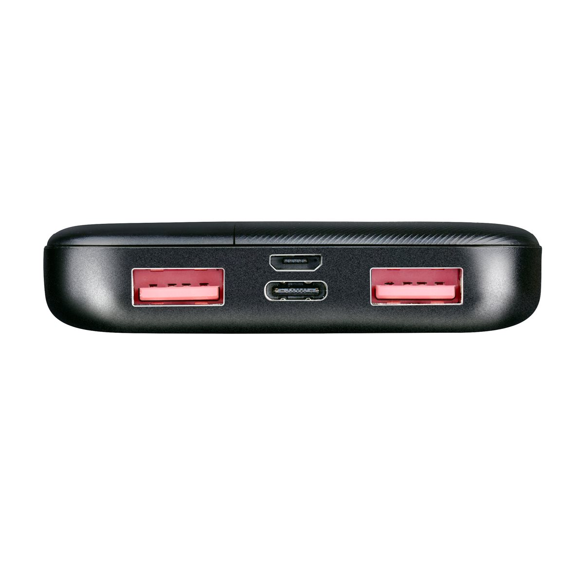 Batterie externe noire avec deux ports USB roses et un port USB-C.