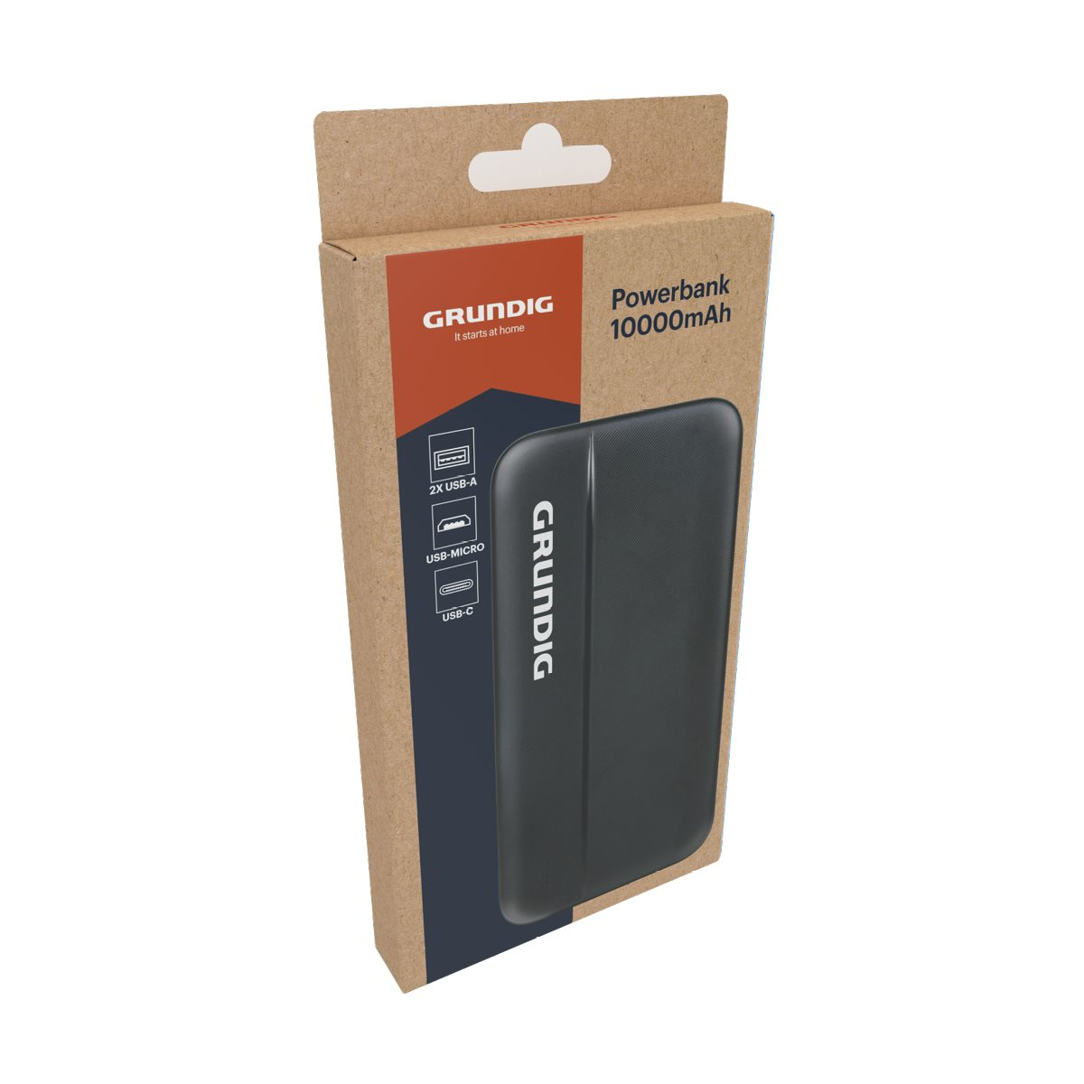Powerbank noire dans une boîte en carton. La boîte a le logo Grundig et le texte 10000mAh. Ports USB visibles.
