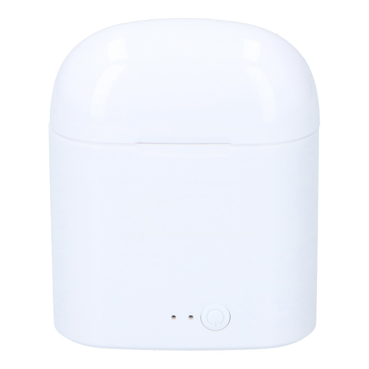 Witte draadloze oordopjes oplaadcase, met een knop en twee kleine lampjes.