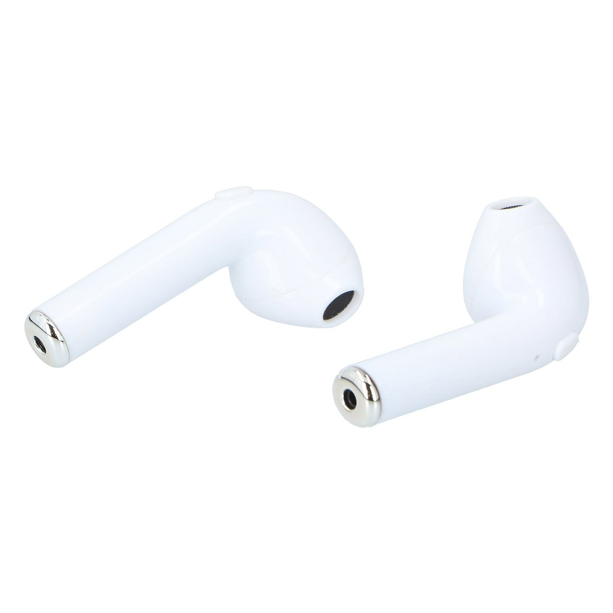 Twee witte oortelefoons worden getoond. Ze zijn slank en modern, met zilveren accenten.