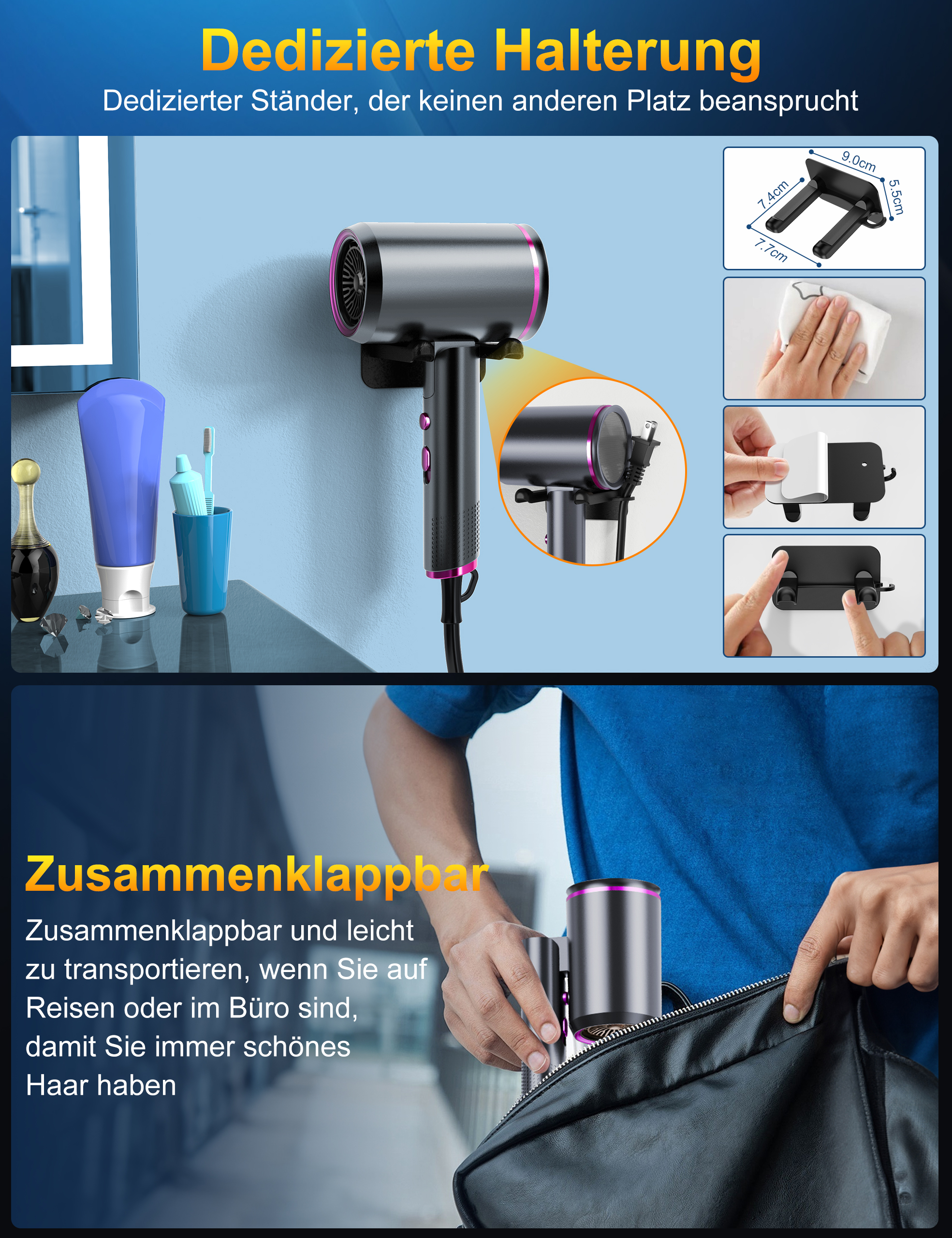 Ein Haartrockner und seine Wandhalterung mit Infografiken zur Faltung und Verwendung werden gezeigt.