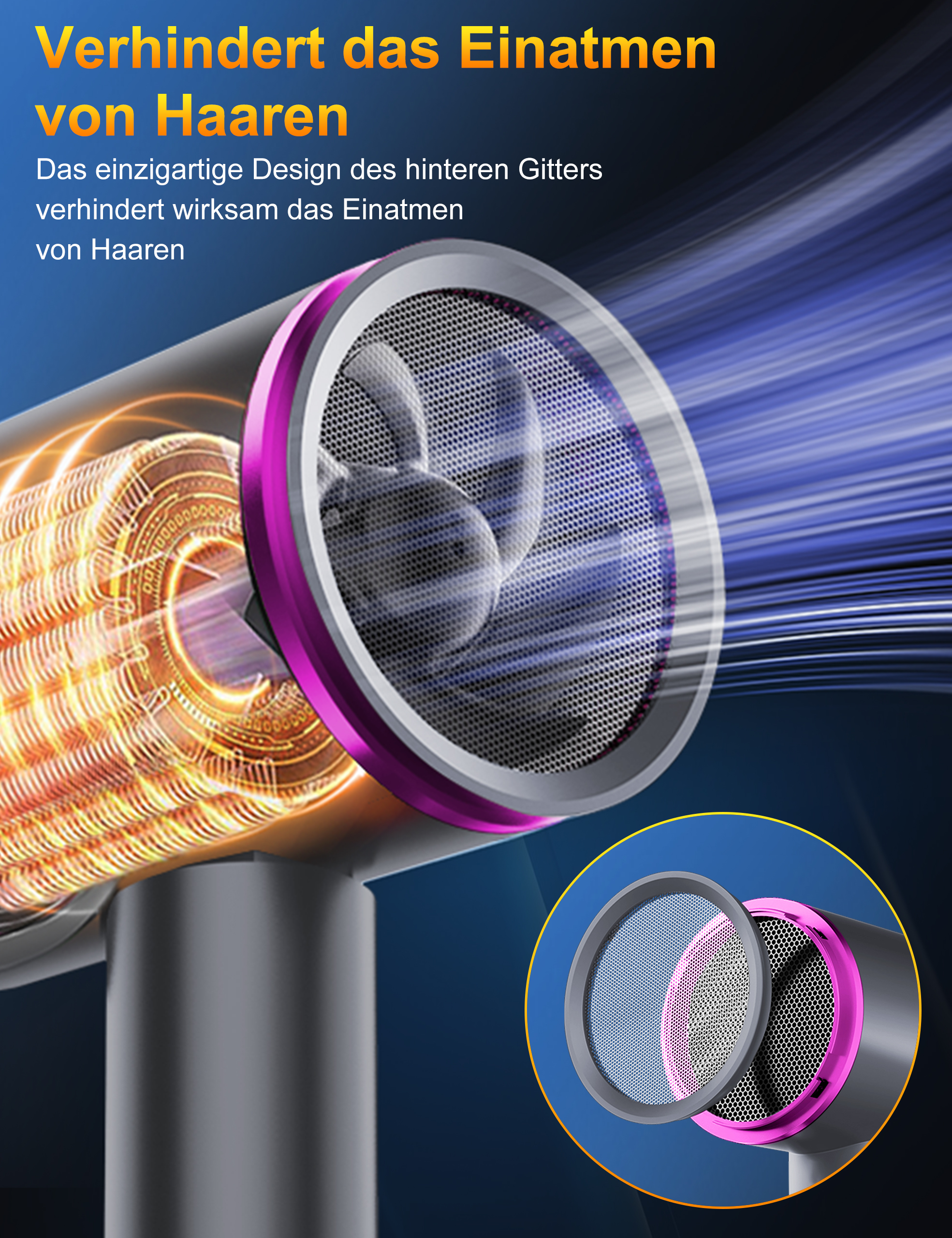Haartrockner mit pinkem und silbernem Filter, zeigt ein Design zur Verhinderung von Haareinatmung.
