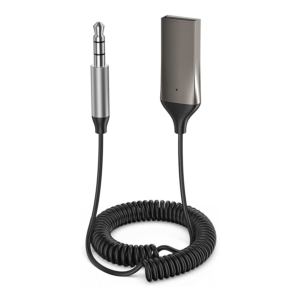 Schwarzes Audio-Adapterkabel. Ein Ende ist ein 3,5-mm-Klinkenstecker, das andere rechteckig.