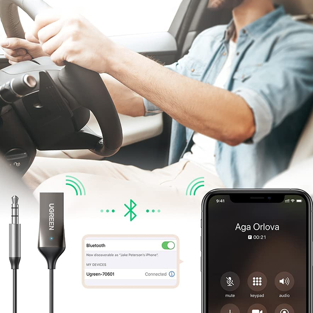 Bluetooth-Empfänger, der mit einem Telefon verbunden ist und einen Anruf zeigt.