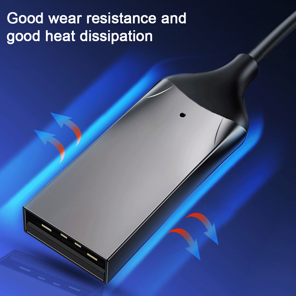 Schwarzes USB-Kabel mit rechteckigem Stecker. Text sagt gute Abnutzung und Wärmeableitung.