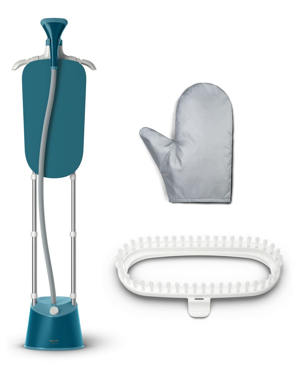 Żelazko parowe ze stojakiem, rękawicą i szczotką, wszystko na białym tle.