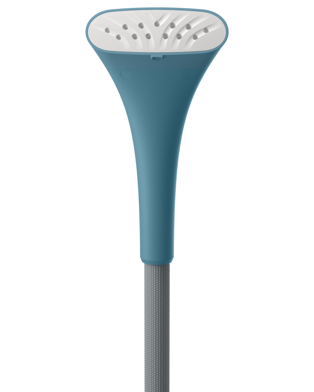 Turkusowy parownik ręczny z szarym, żebrowanym uchwytem. Białe tło. Otwory parowe na górze.