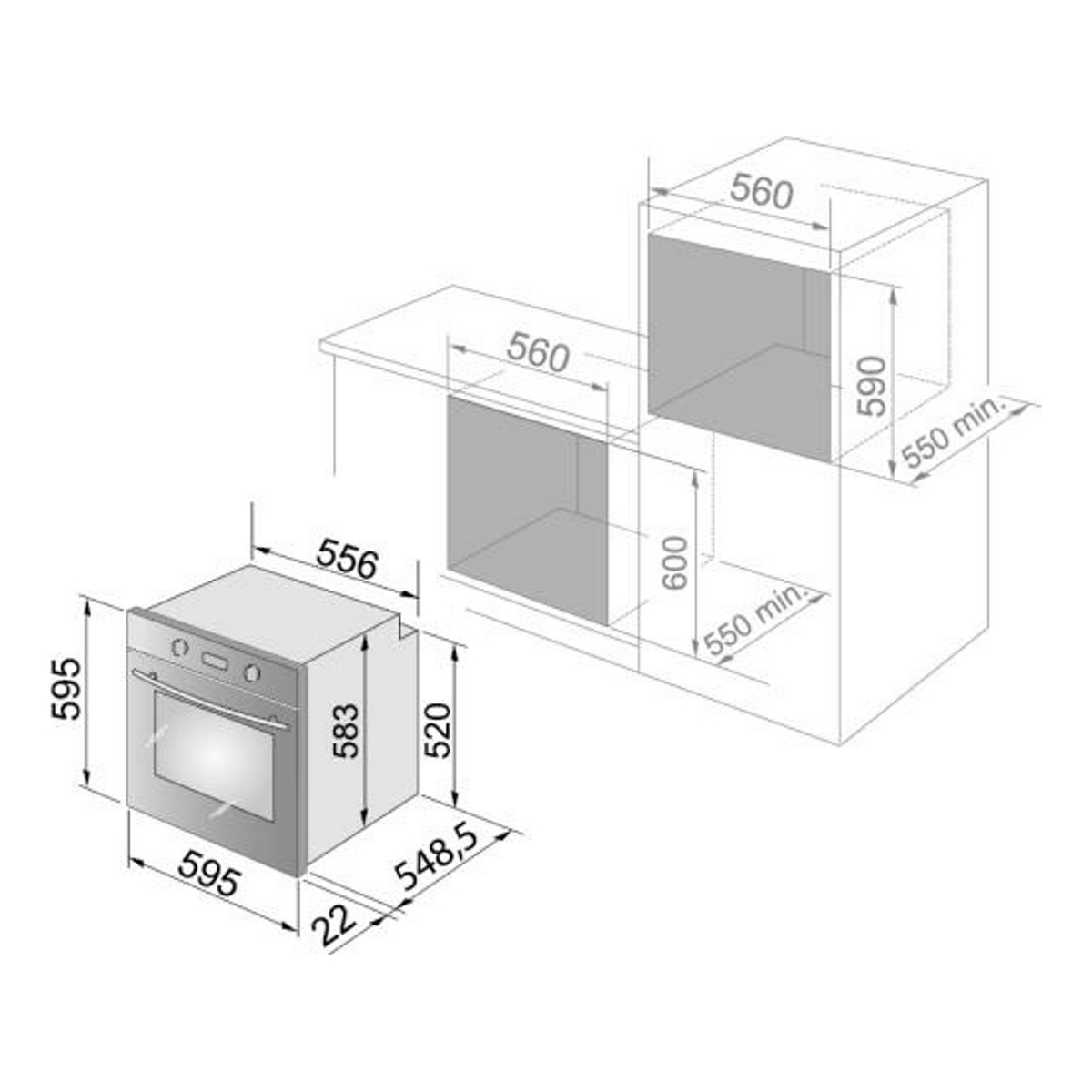 Un disegno tecnico di un forno a incasso che mostra le dimensioni e i requisiti di taglio in mm.