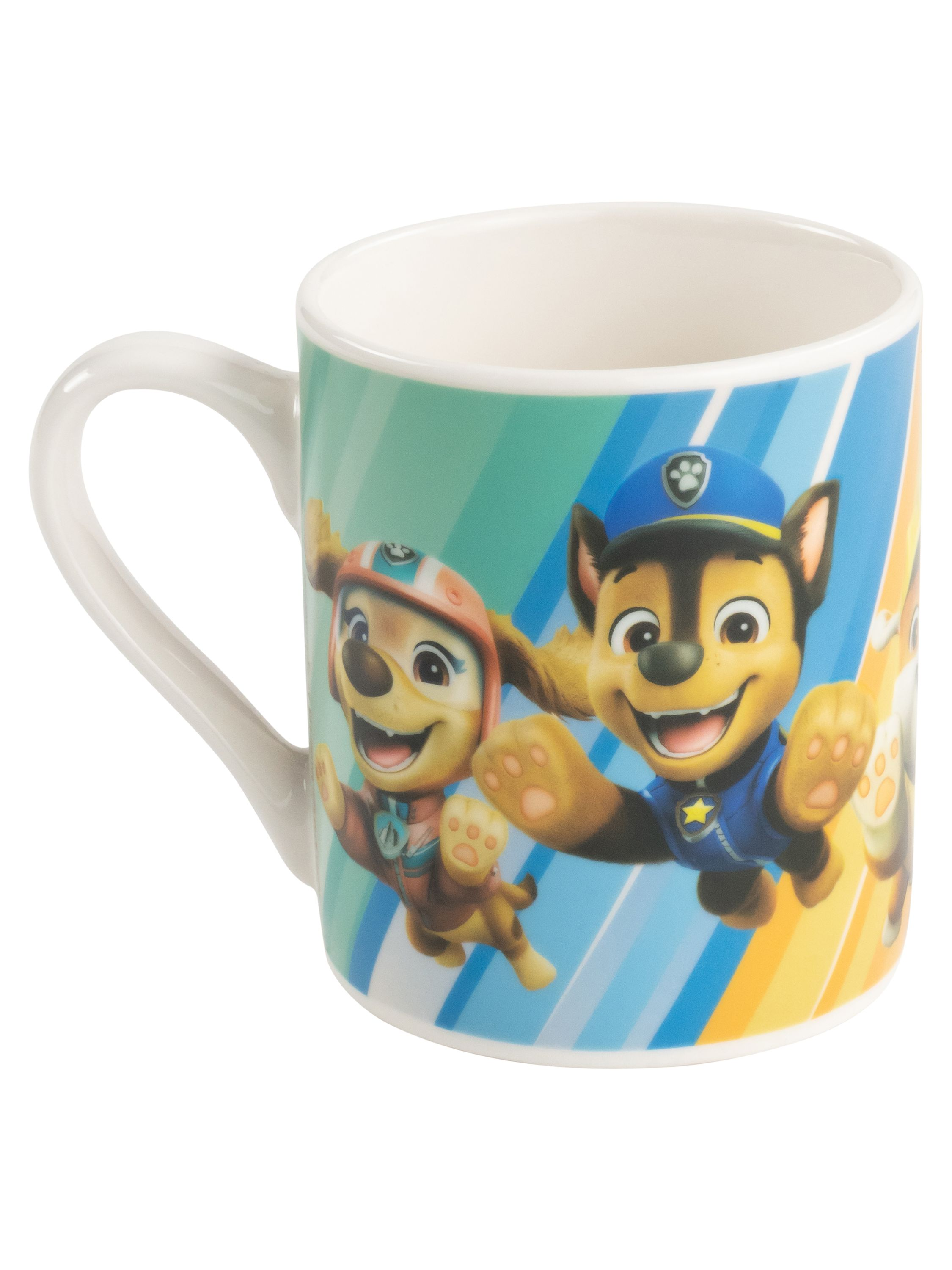 Eine weiße Tasse mit Bildern von Zeichentrickhunden auf buntem Hintergrund.