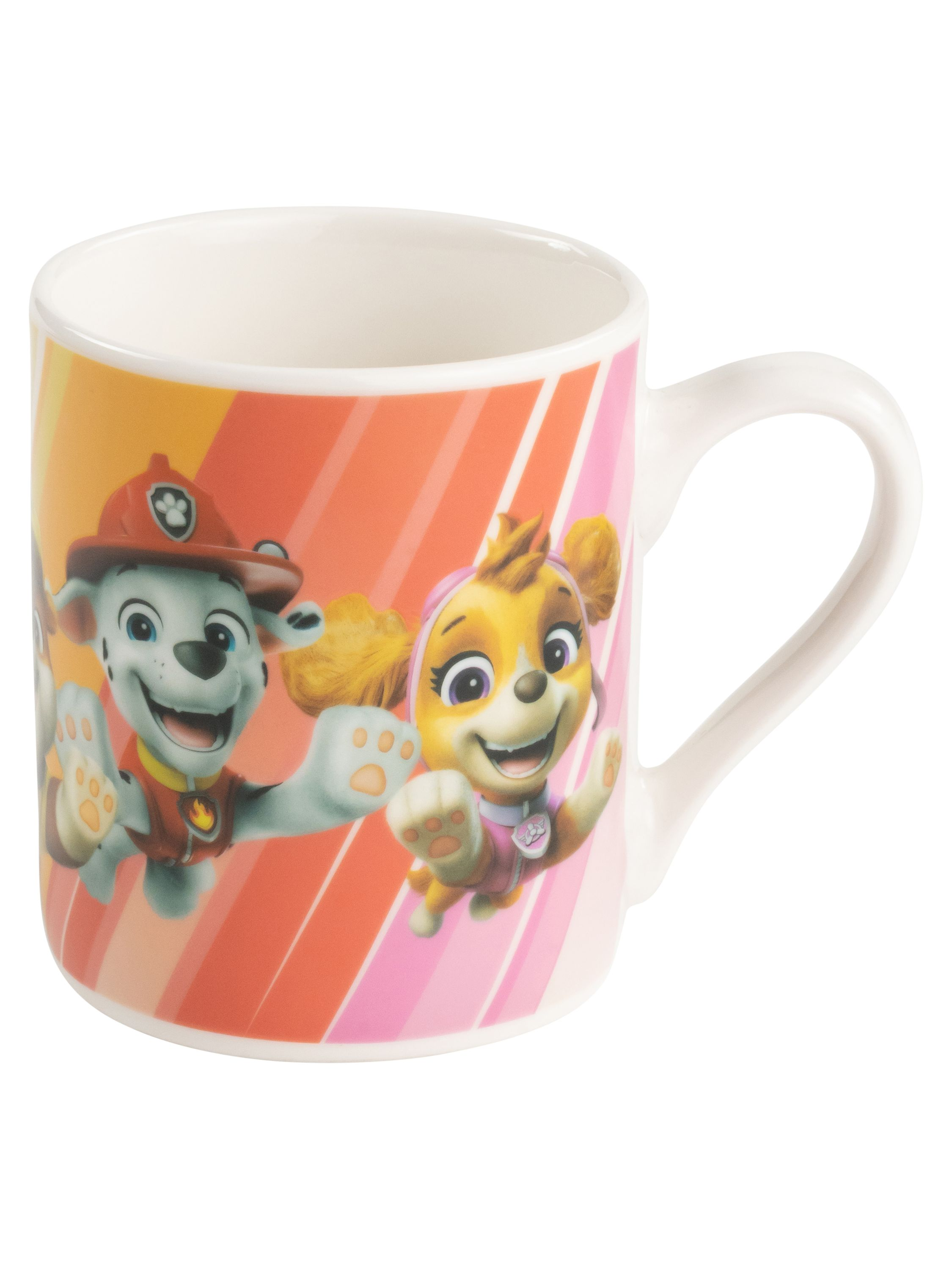 Eine weiße Tasse mit Paw Patrol-Charakteren. Sie zeigt Marshall und Skye auf einem orange-rosa Design.