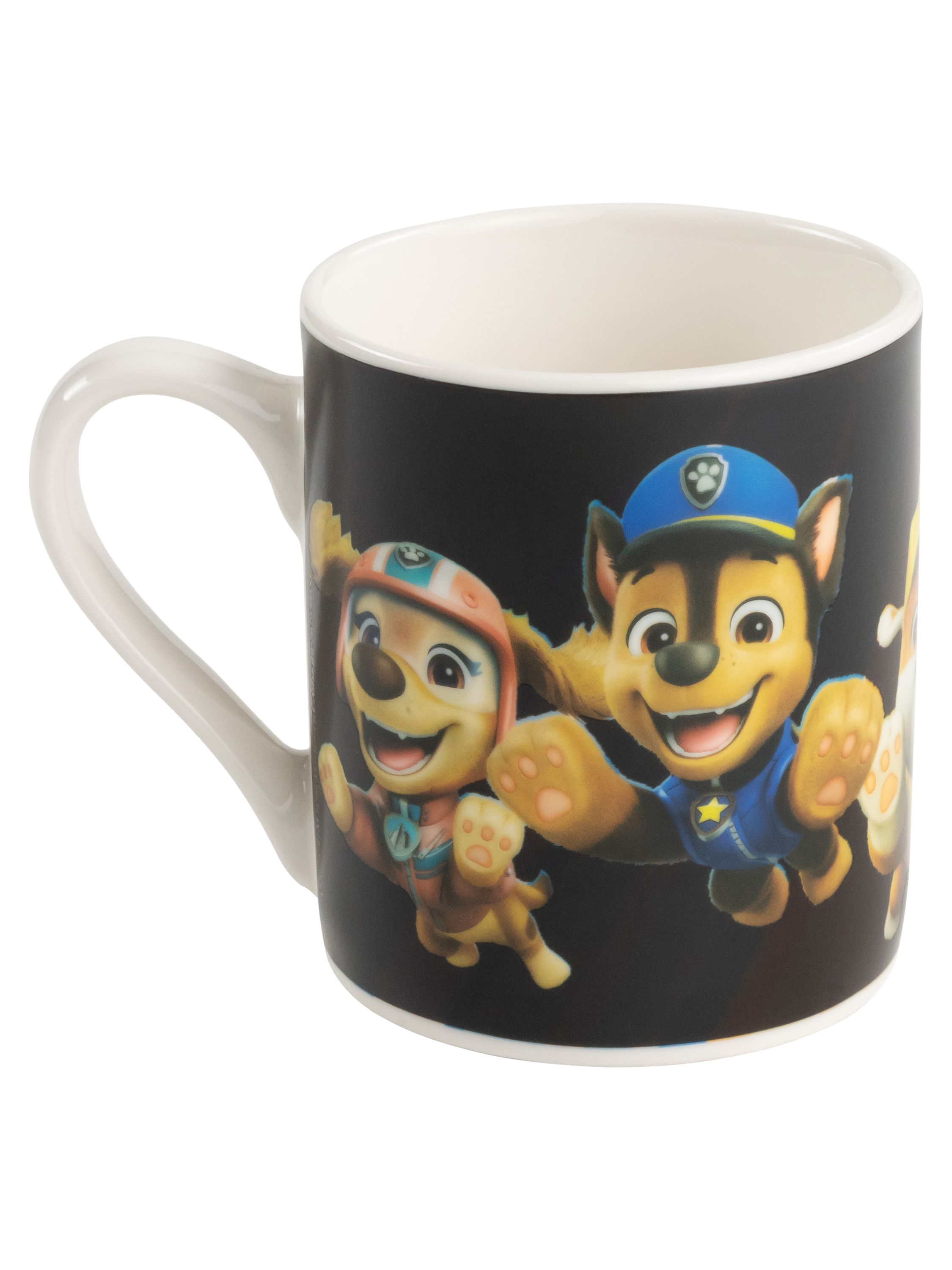 Eine Tasse mit Paw Patrol-Figuren, zwei Figuren und einem Henkel, vor weißem Hintergrund.