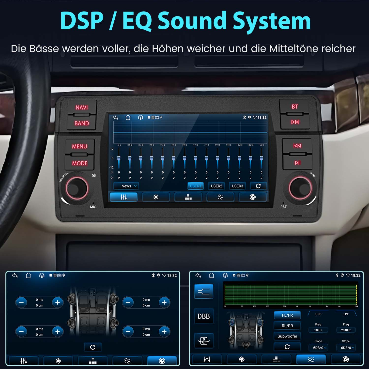 Ein Autoradiosystem mit Bildschirm und mehreren Tasten. Der Bildschirm zeigt einen Equalizer und Benutzereinstellungen.