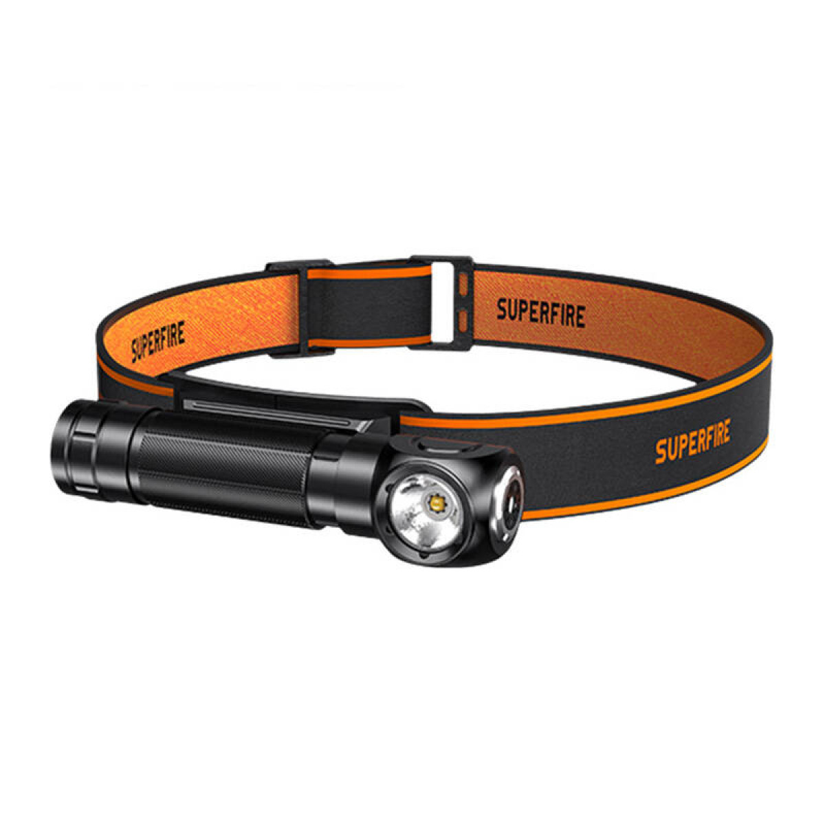 Schwarze Stirnlampe mit orange-schwarzem Band, auf dem 'SUPERFIRE' steht.