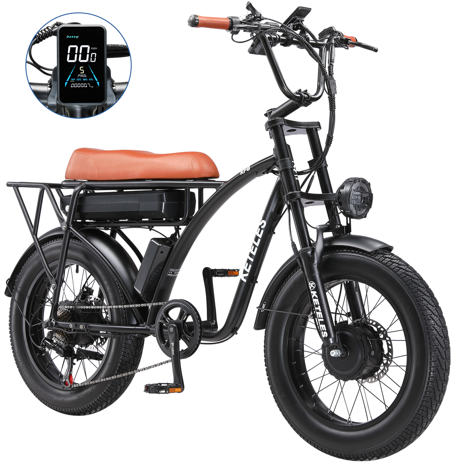 Schwarzes Elektrofahrrad mit braunem Sitz. Zeigt eine Digitalanzeige mit Geschwindigkeit und Akkustand.