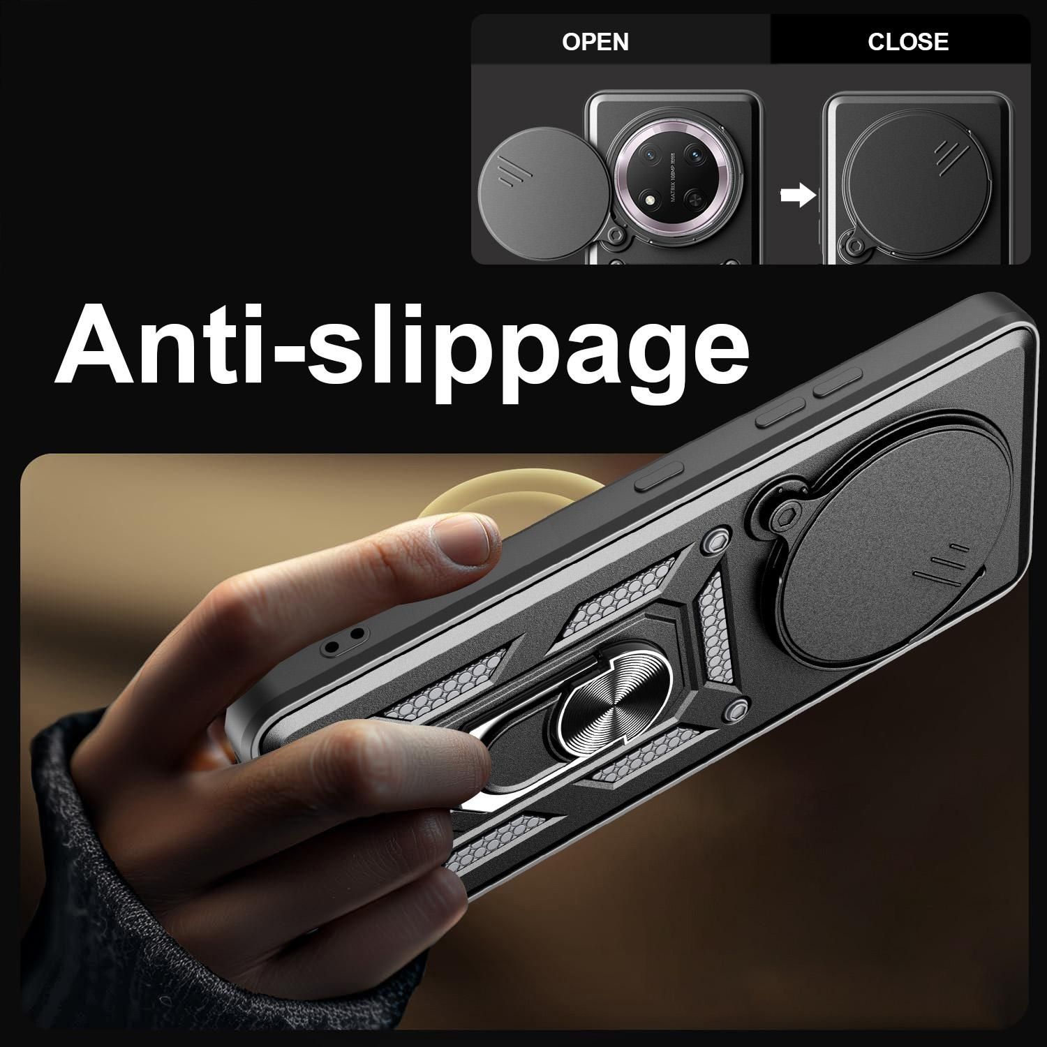 Eine schwarze Handyhülle mit Ringhalter, Text 'Anti-Rutsch' und Diagrammen eines Deckels.