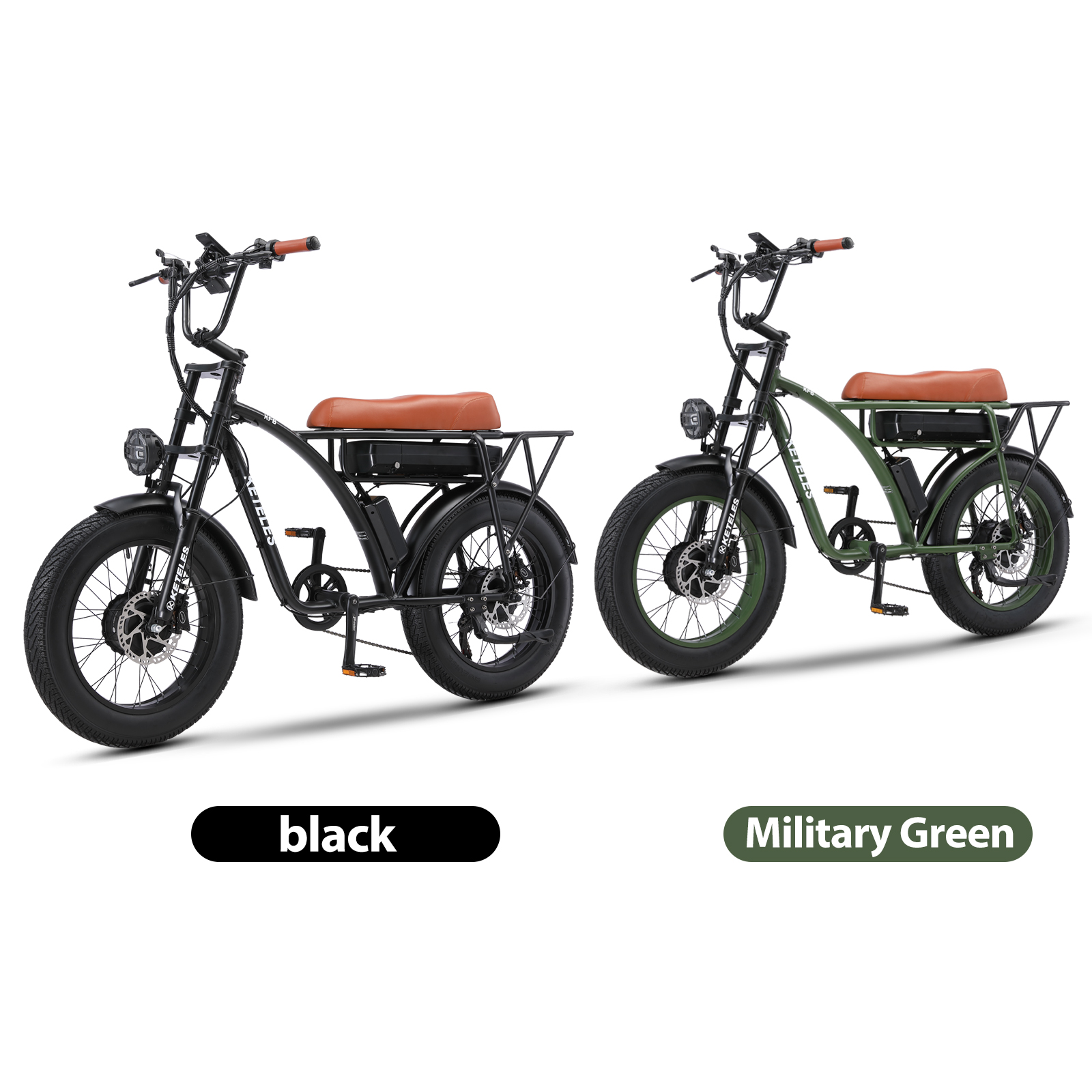 Zwei Elektrofahrräder, schwarz und militärgrün, nebeneinander mit braunen Sitzen und schwarzen Rahmen.