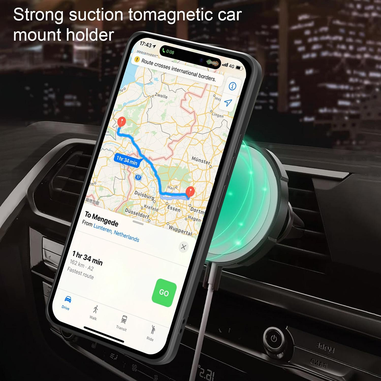 Telefon auf einer Autohalterung zeigt eine Navigations-App mit Routenkarte an.