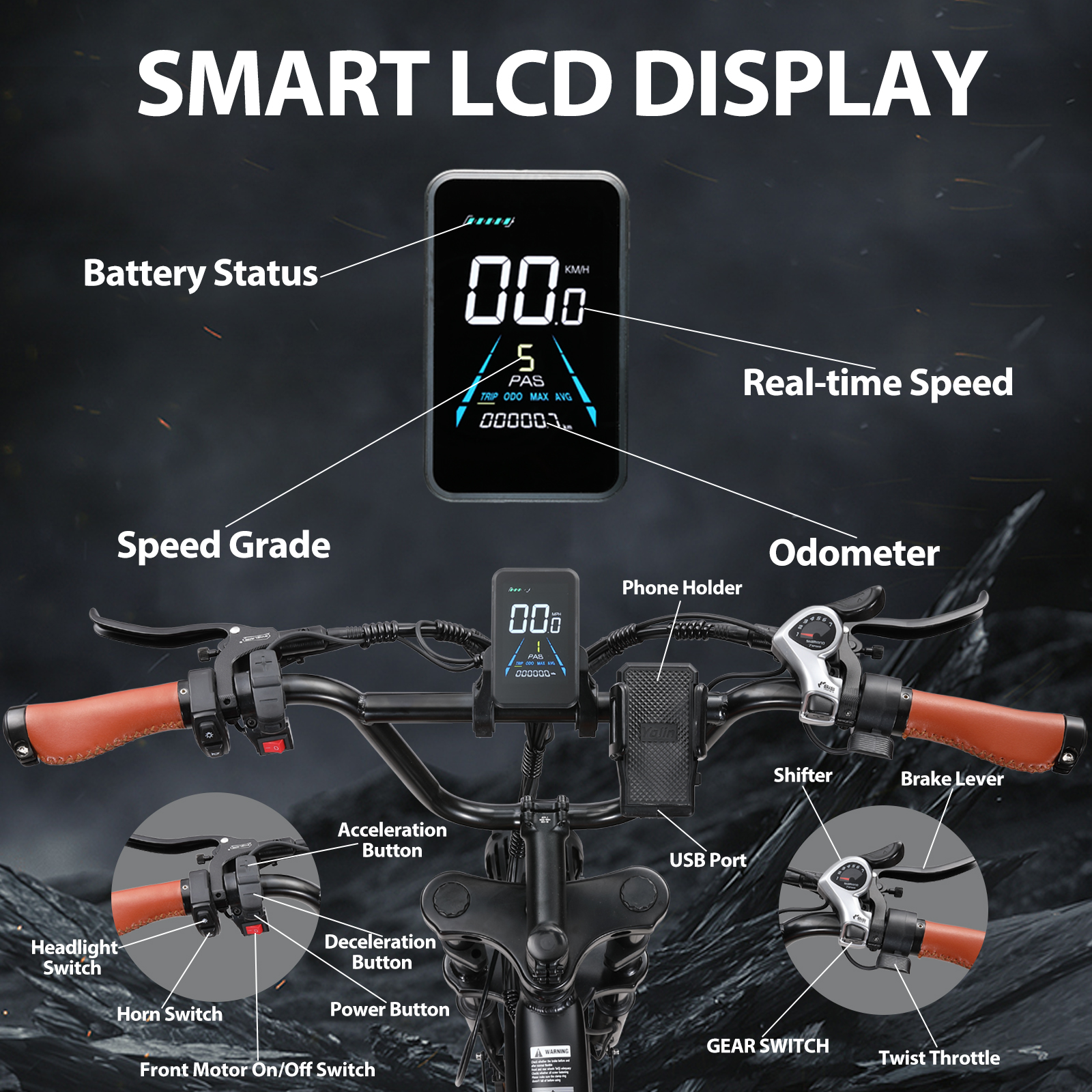 Smart LCD-Display am Fahrradlenker. Zeigt Geschwindigkeit, Batterie und andere Metriken.