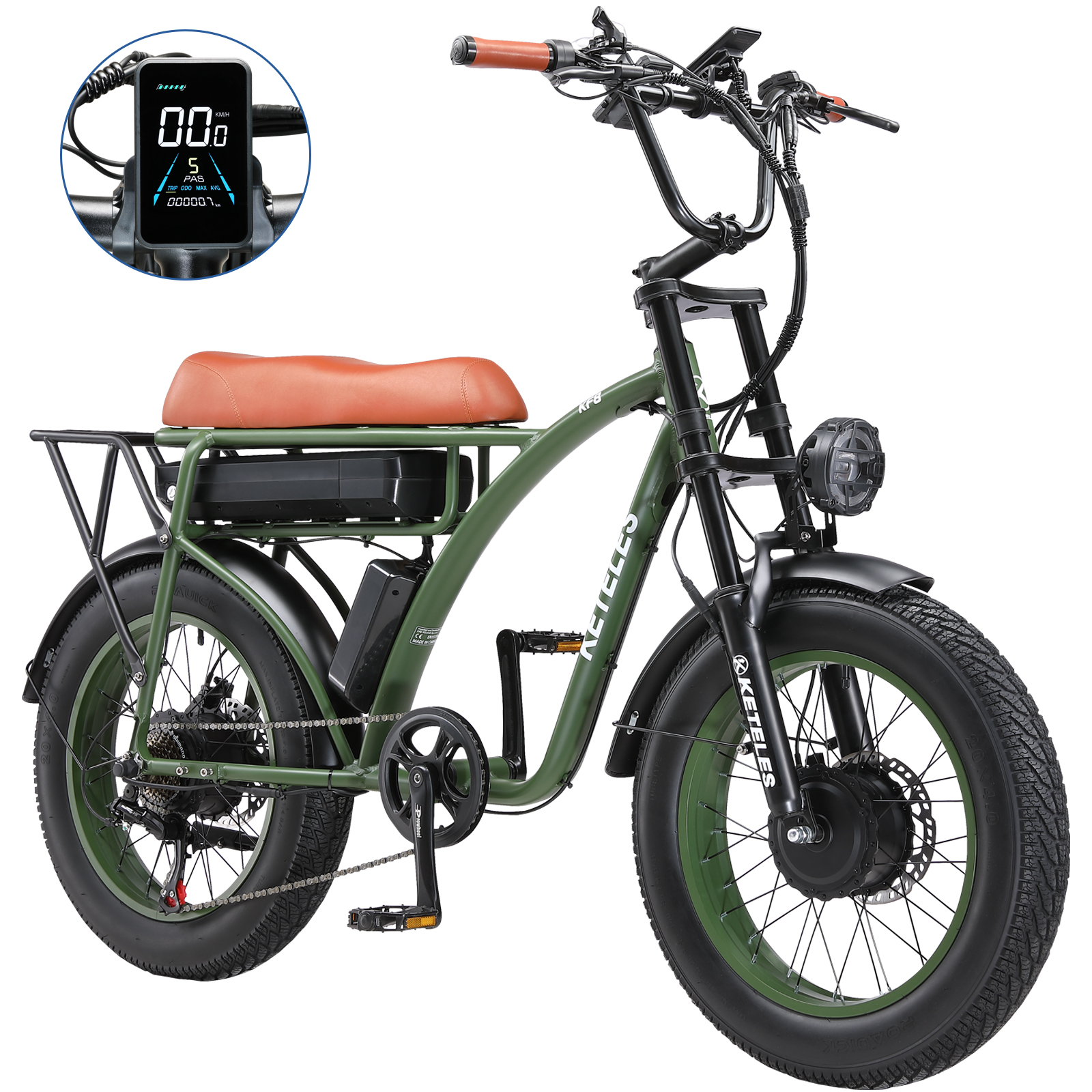 Grünes Elektrofahrrad mit braunem Sitz und schwarzen Details. Weißer Hintergrund.