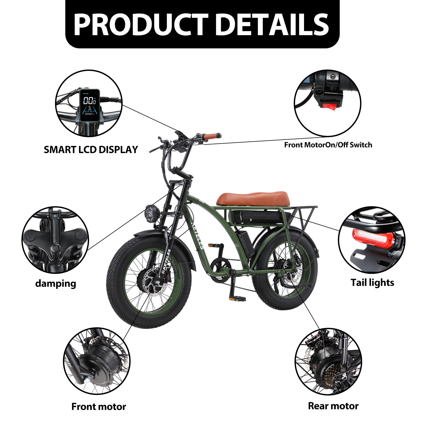 Produktdetails eines grünen E-Bikes. Enthält Smart-LCD-Display, Front-/Heckmotoren, Rücklichter und Dämpfung.