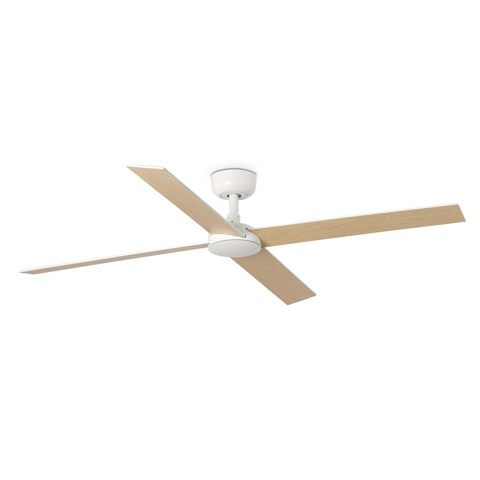 Deckenventilator mit vier Holzflügeln. Weißes Motorgehäuse und weißer Träger.