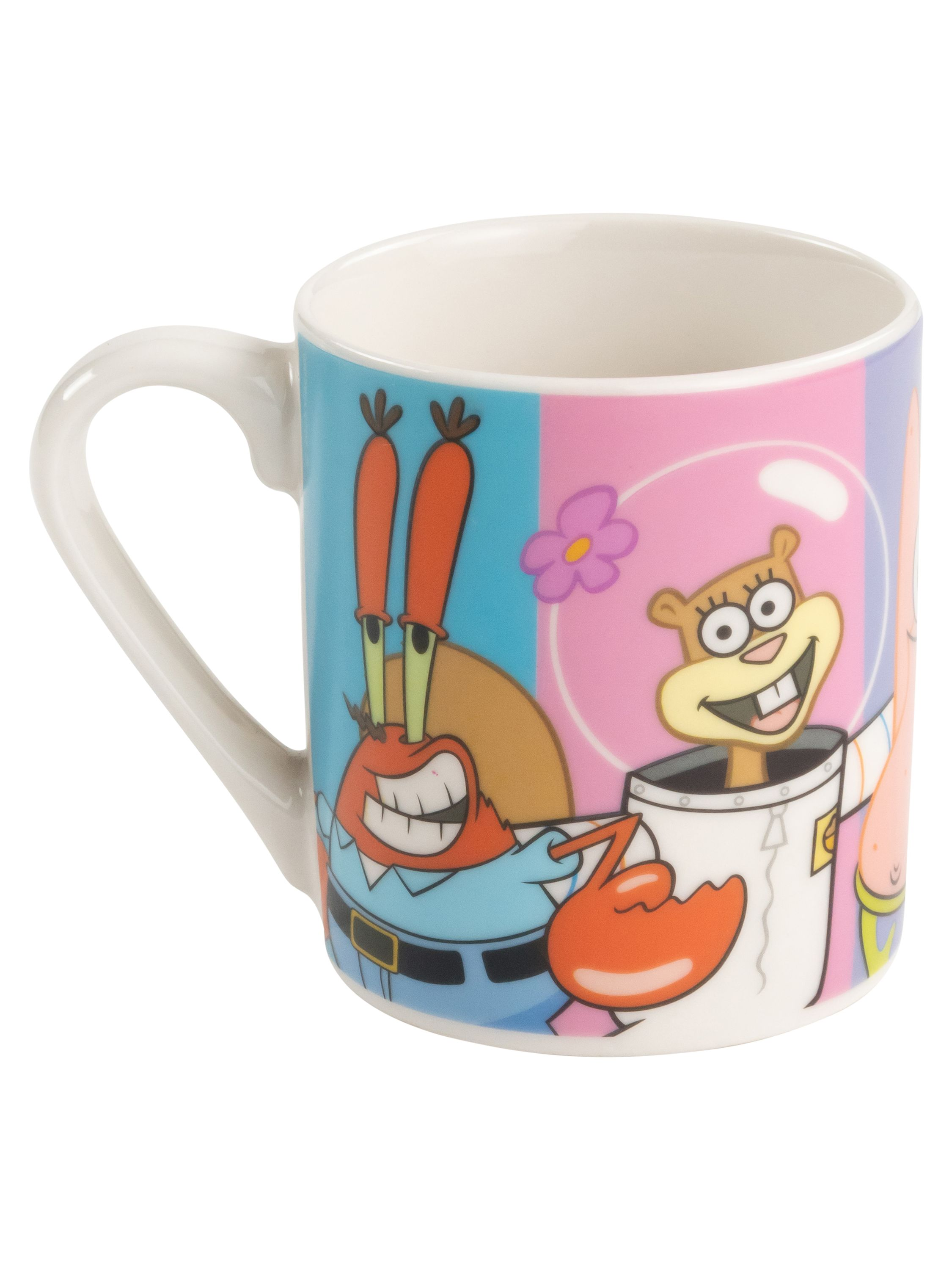 SpongeBob Schwammkopf Tasse mit Mr. Krabs, Sandy und anderen auf gestreiftem Hintergrund.
