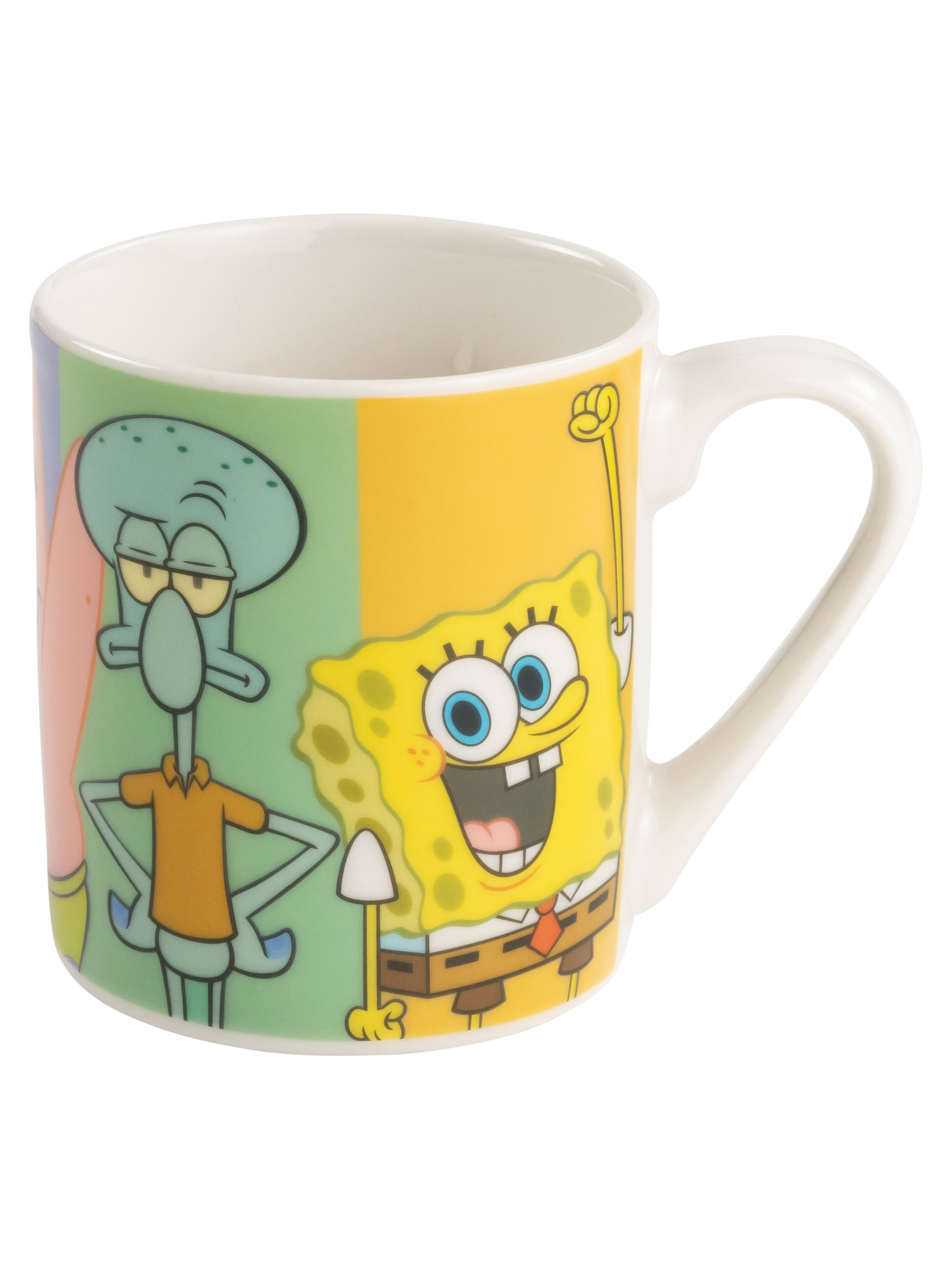 Spongebob Squarepants-Tasse mit Spongebob und Thaddäus, weißer Henkel und Rand.