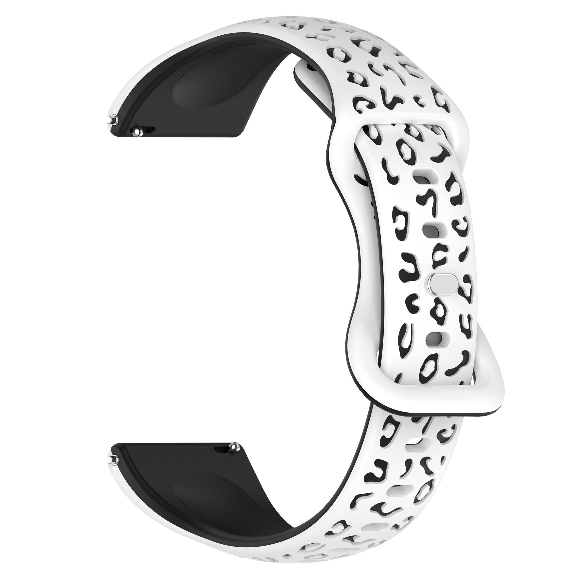 Cinturino per smartwatch bianco con motivo maculato e interno nero.