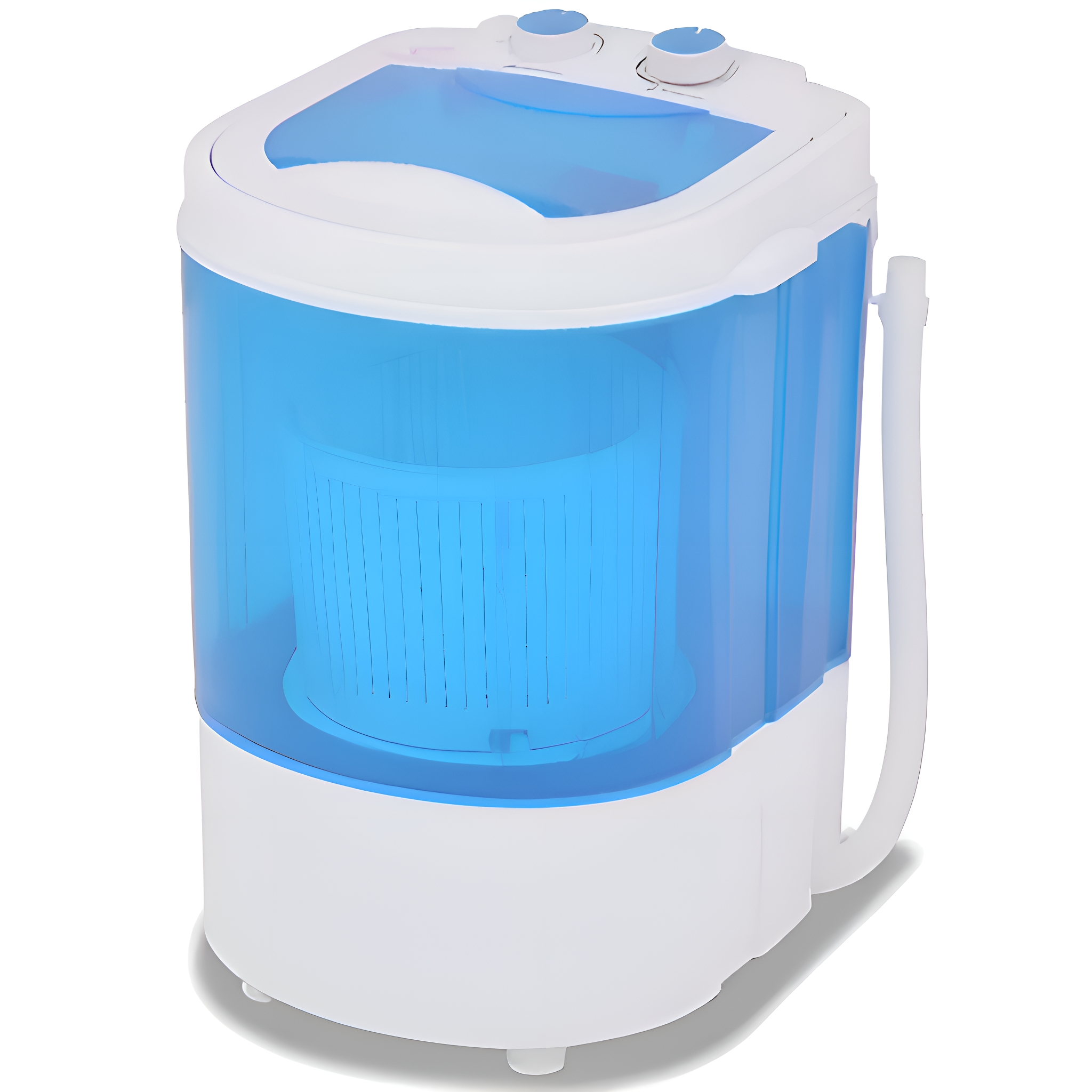 Eine weiß-blaue Mini-Waschmaschine auf weißem Hintergrund.